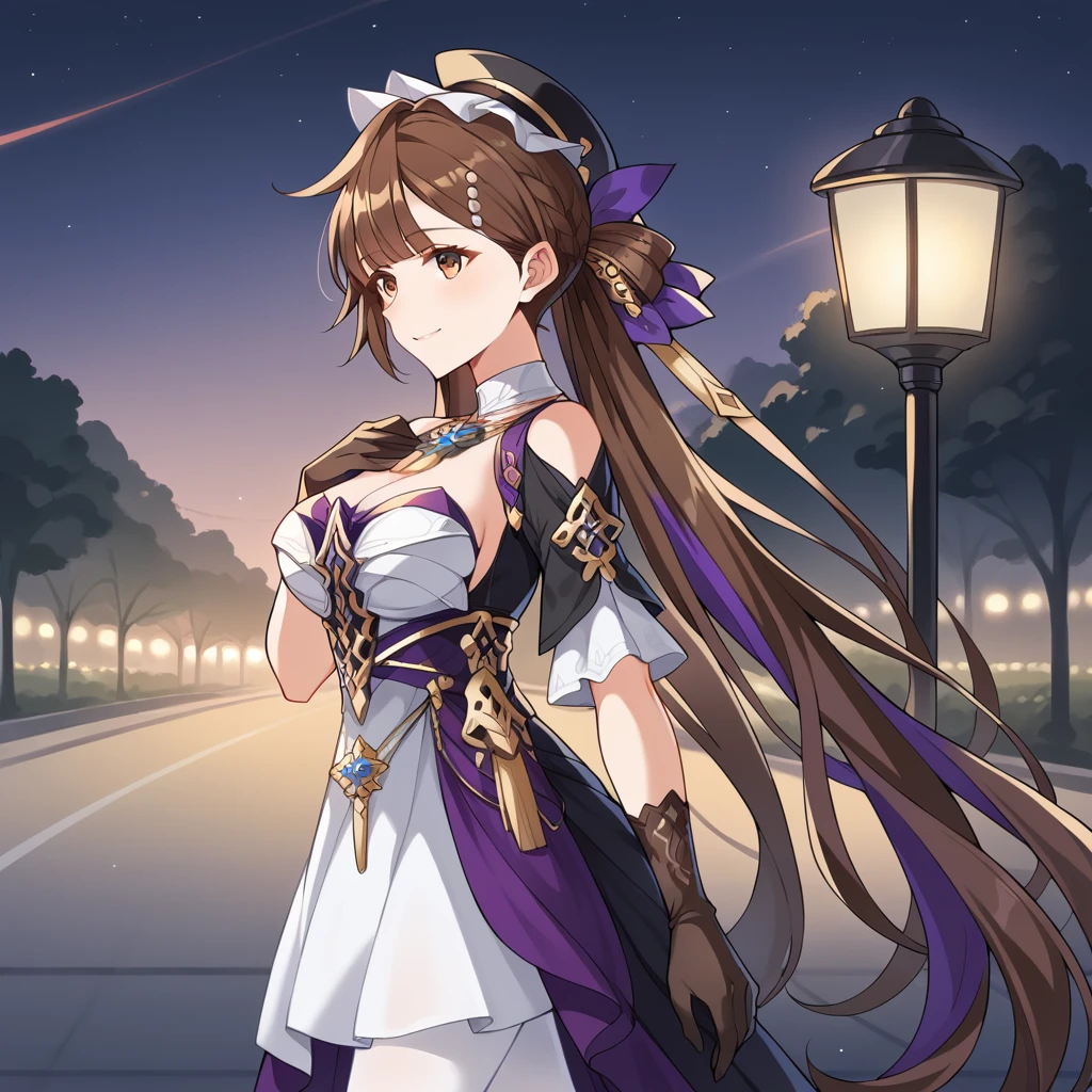 score_9_up, score_8_up, score_7_up, source_anime, masterpiece, best quality, 1girl, solo, Sushang, Sus_MN, night time, street lamp, plants, trees, walking, from side, looking at you, slight blush, smile, hand on chest, long hair, twintails, brown eyes, strapless dress, white pantyhose, white dress, purple dress, black hat, necklace, jewelry, bare shoulders, black gloves, detached sleeves, short sleeves, side cape, black cape, dynamic cowboy shot, mature body, outdoors, park cityscape background