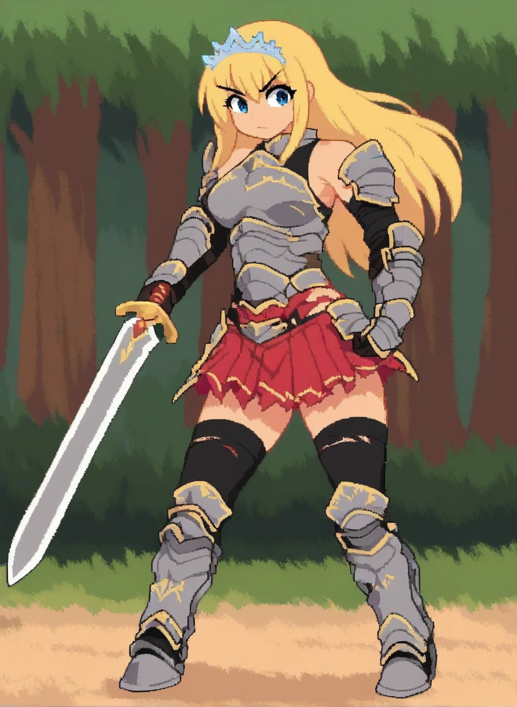 1girl, solo, full body, outdoors, forest, jaggy lines, Kukul, <lora:Kukul_pony:1>, blonde hair, long hair, breasts, armor, gloves, blue eyes, boots, sword, weapon, armored boots, holding weapon, bangs, gauntlets, holding sword, greaves, breastplate, elbow gloves, red skirt, tiara, black Knee socks, dynamic pose,