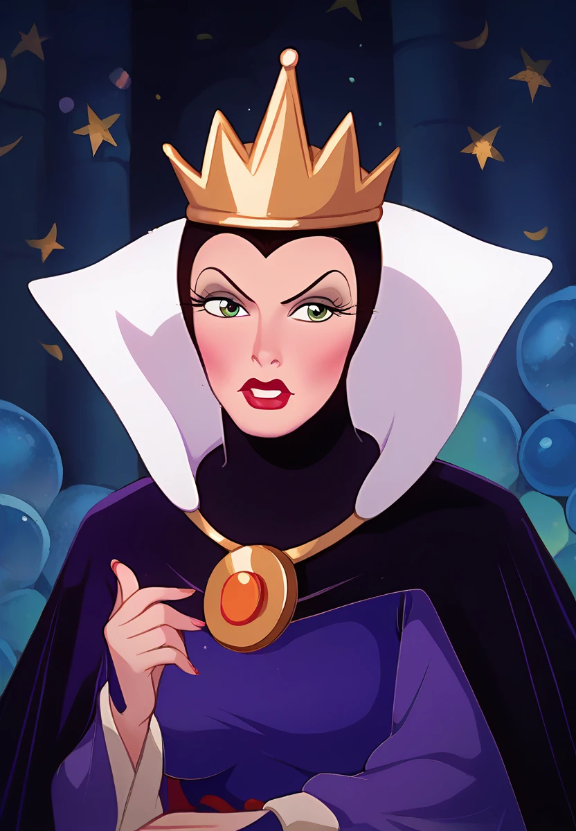 score_9, score_8_up, score_7_up, score_6_up, <lora:Queen_pxl_V0.0-000050:0.90> qu33n gr1mh, 1girl animation, retro artstyle, disney style, standing, clothed, purple robes, white ruff, black cape, gold crown, wide sleeves, close-up
location: indoors
<lora:Smooth Anime 2 Style SDXL_LoRA_Pony Diffusion V6 XL:1>