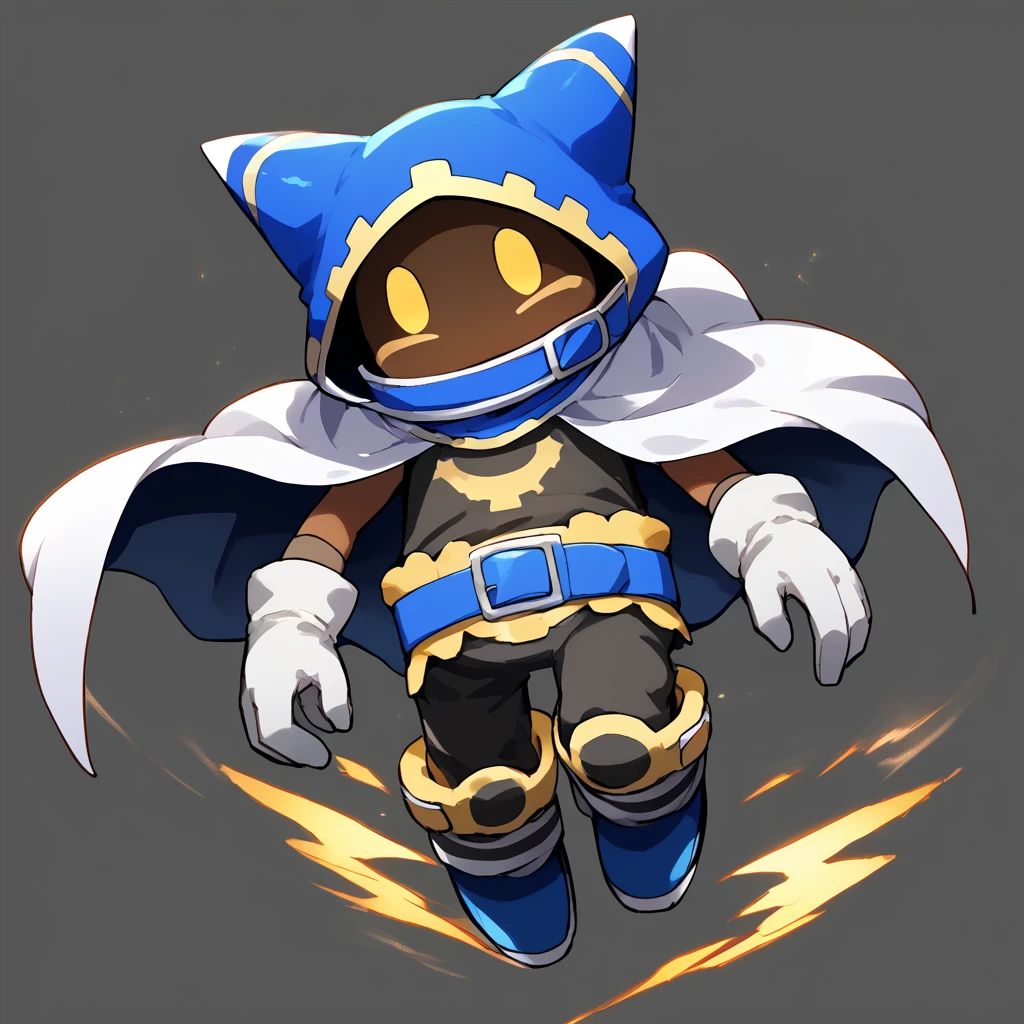 <lora:Magolor:1> no humans, cape, belt, dark skin, floating hands, gloves, hood, yellow eyes,