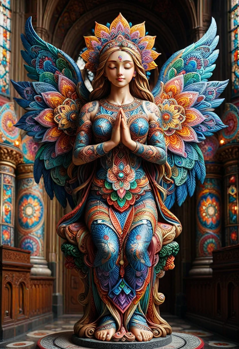 M4ND4L4S, angel statue made of colorful mandalas, located in a church, ,Masterpiece,best quality, photo, realistic, very aesthetic