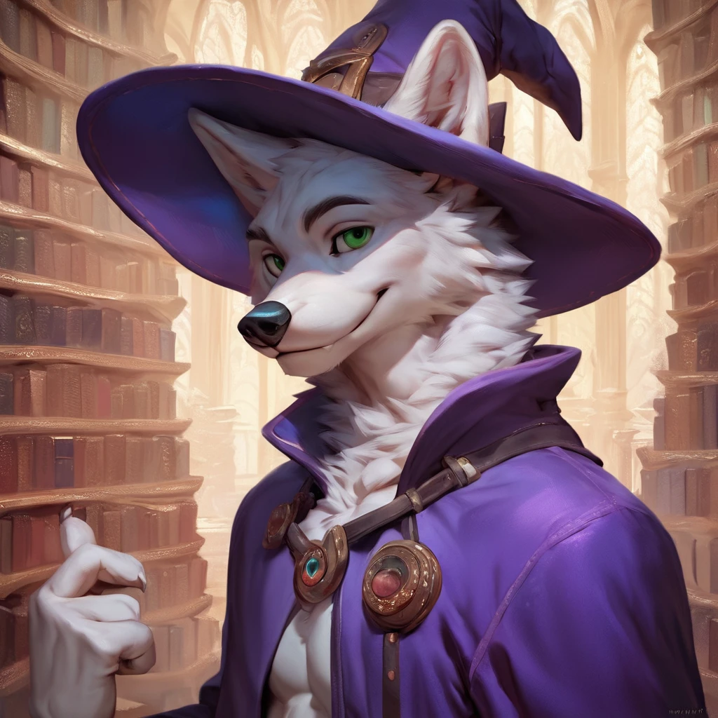 score_9, score_8_up, score_7_up, score_6_up, source_furry, rating_safe, anthro male wolf, white fur, purple wizard hat, purple wizard robe, green eyes, looking at viewer, sexy pose, detailed background, amazing_background, magical library,