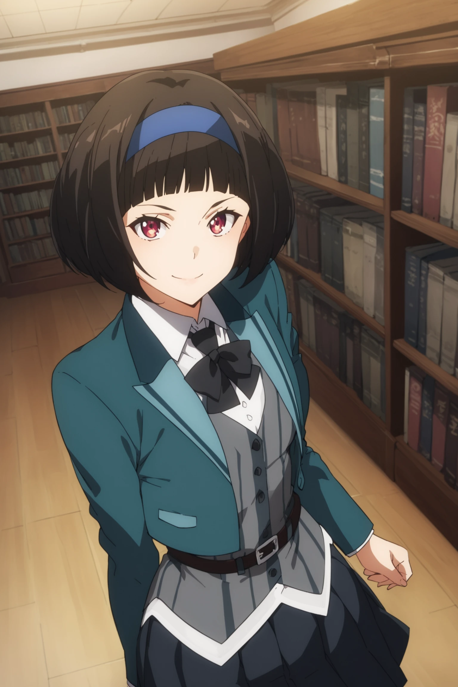 score_9, score_8_up, score_7_up, score_6_up, score_5_up, source_anime, rating_safe, medium breasts, indoors, library, 1girl, solo, looking at viewer, kazuki ferrari, short hair, black hair, bob cut, blue hairband, school uniform, green jacket, white shirt, bowtie, vest, belt, pleated skirt, pantyhose, boots, <lora:Kazuki_Ferrari:0.8>, smile