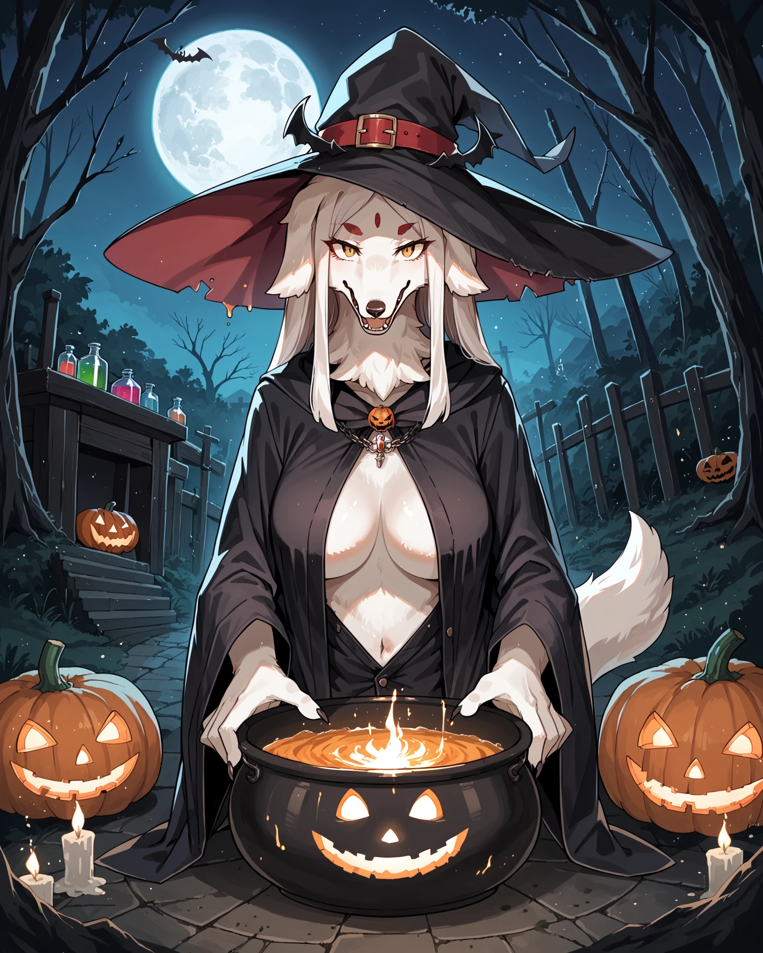 score_9_up, score_8_up, score_7_up, score_6_up, source_furry,
<lora:Helga_(world_flipper)_XL_v1:1> helgawf, canine, borzoi, kemono, white fur, female, black robe, witch hat, cauldron, swamp, delapidated shack, jack-o'-lantern,  night, darkness, halloween, full moon, open mouth, sharp theeth, sadistic, looking at viewer,