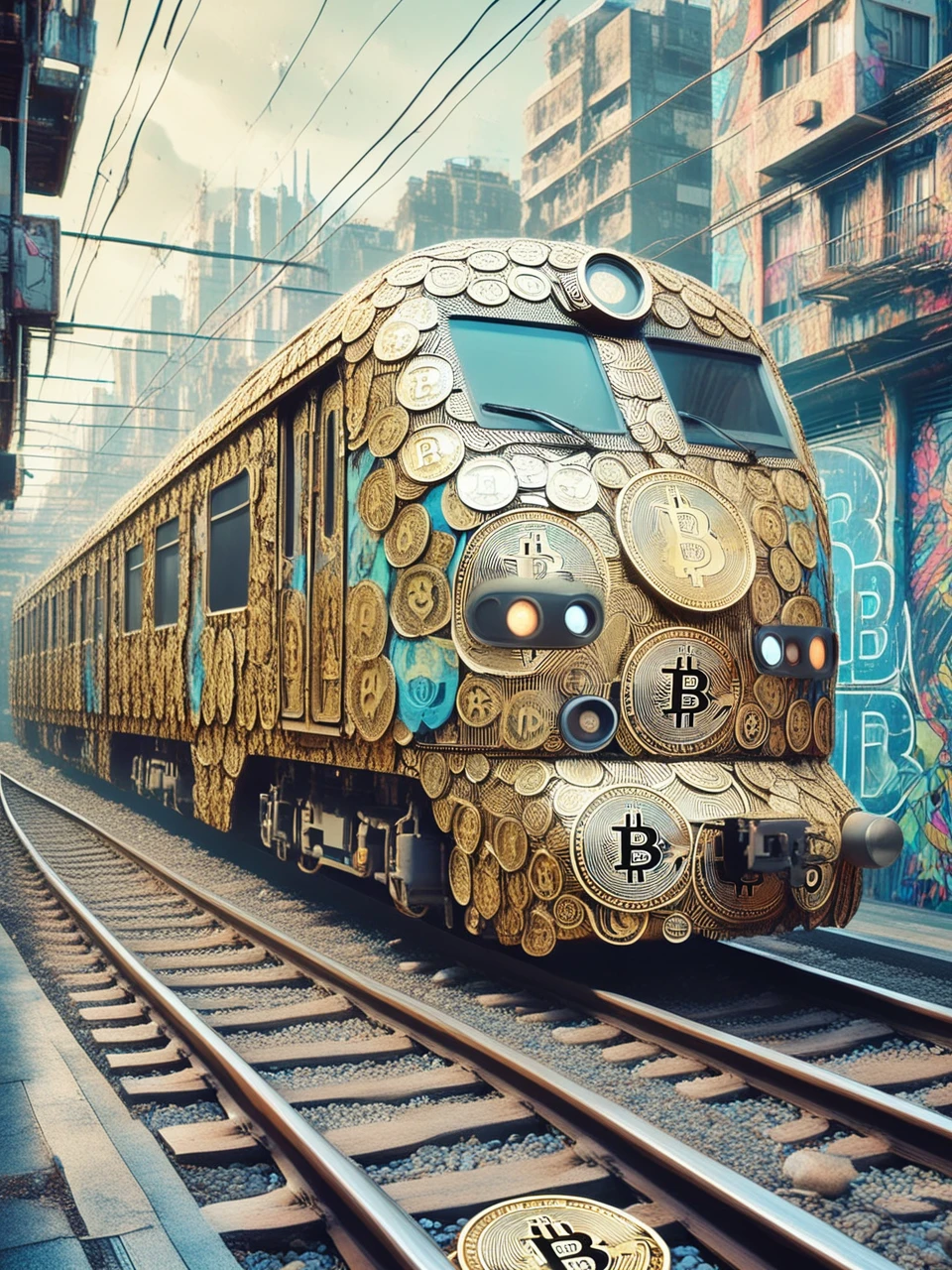 bitcoined train moving toward futuristic metropolis, ultra resolution, 35mm photography, edgy street art, double exposure, , 24bit colors, , by James Jean