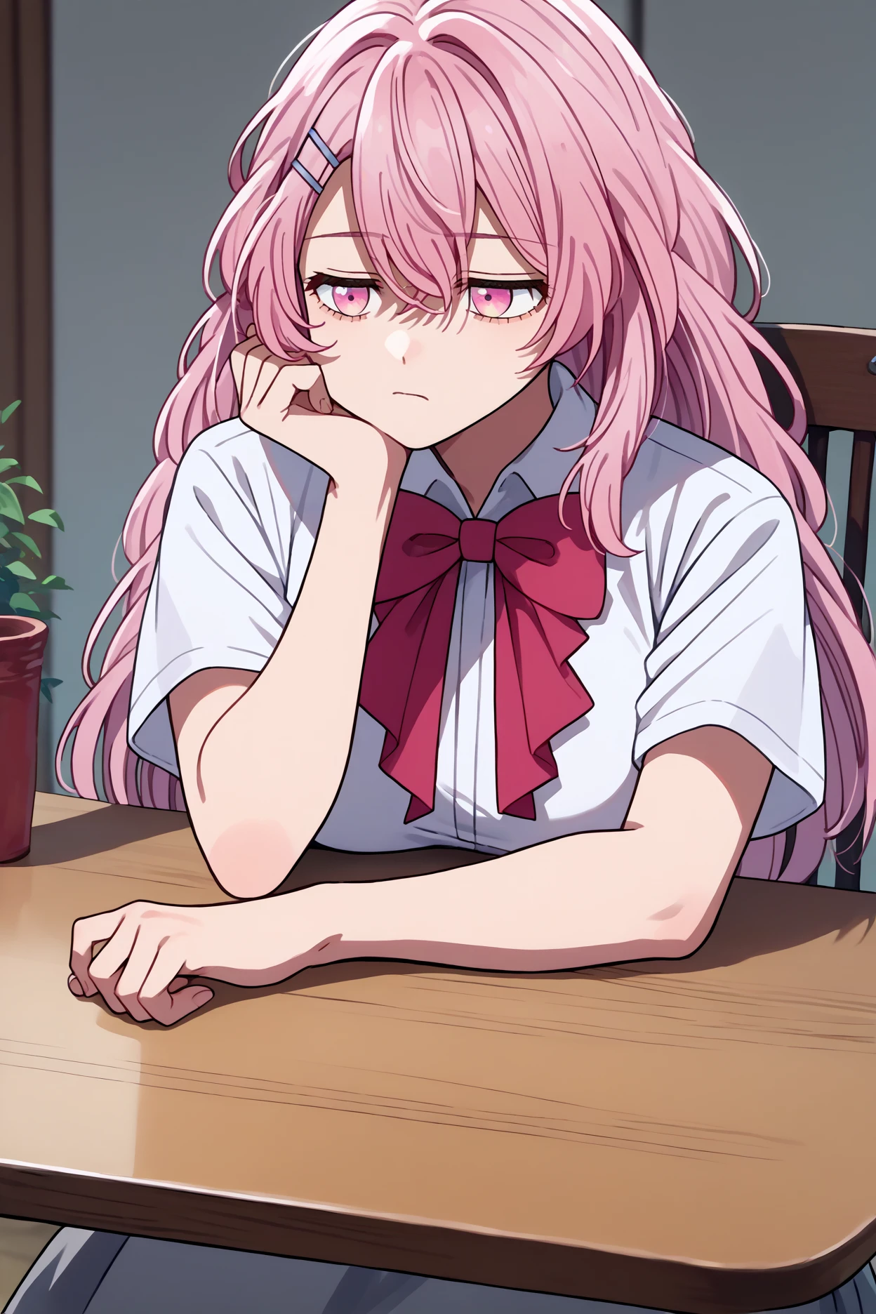 score_9, score_8_up, score_7_up, score_6_up, source_anime, 1girl, solo,  <lora:kotobukiminami-pdxl-nvwls-v1-000006:1> mkoto, pink hair, long hair, hairclip, white shirt, collared shirt, short sleeves, red bowtie, grey skirt, sitting, breasts, head rest, tired, table, chair, indoors