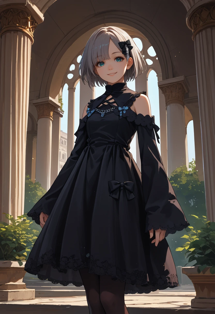 score_9, score_8_up, score_7_up, source_anime, solo, 1girl, kagadress, smile, looking at viewer, short hair, hair bow, black bow, black dress, long sleeves, detached sleeves, black pantyhose, bare shoulders, arch, pillar <lora:vspo_sumirekaga_ponyXL-a2-000006:1>