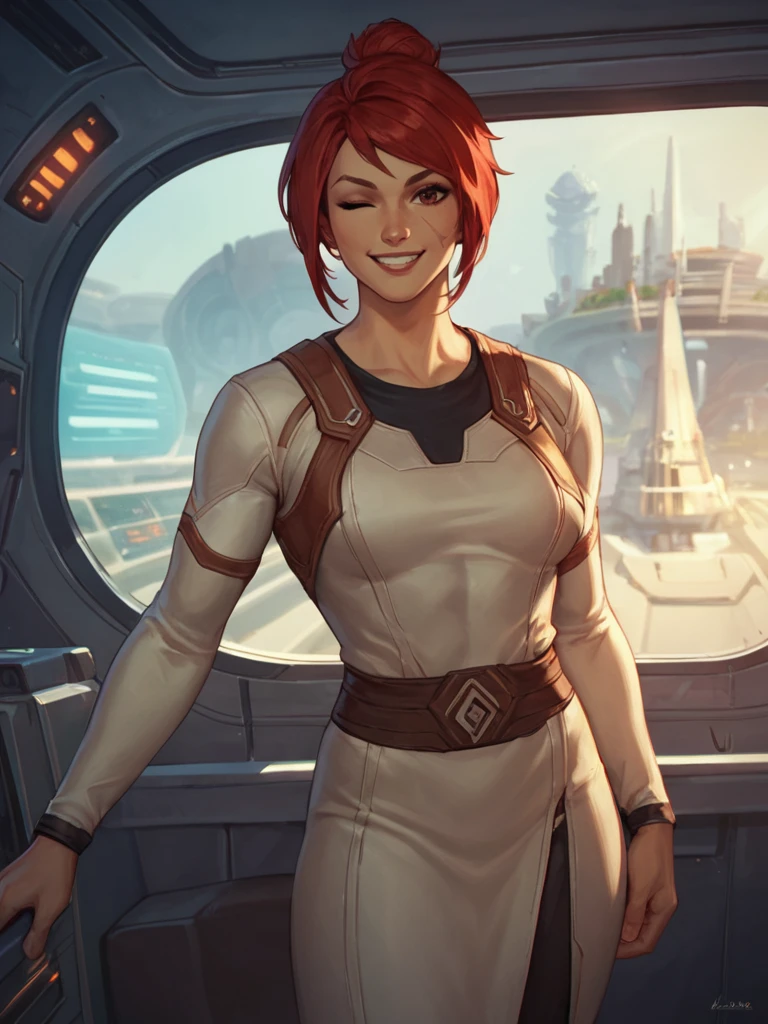 score_9, score_8_up, score_7_up, kiracarsen, scar on face, short red hair, hair bun, jedi robes, looking at viewer, one eye closed, smiling, cowboy shot, spaceship interior