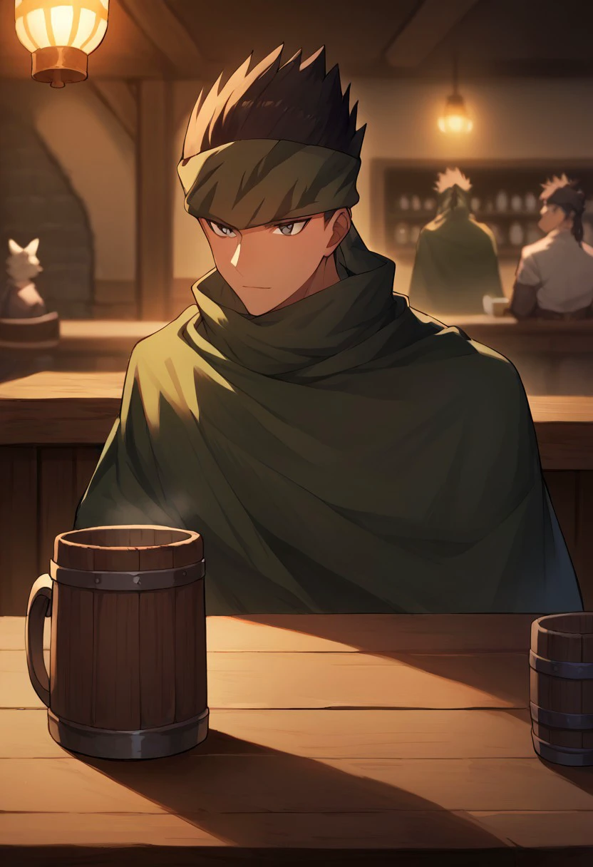 score_9, score_8_up, score_7_up, source_anime, rating_safe, table, Dredofuri, 1boy, male focus, green headband, grey eyes, green cloak, sitting, blurry indoor tavern, wood mug,