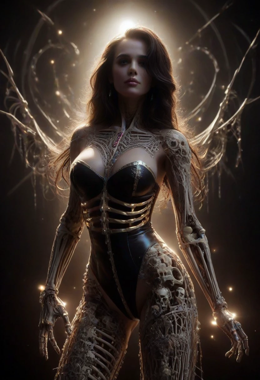 Intricately detailed skeleton Playboy Playmate, Long voluminous hair, large perky breasts, Vibrant dark color scheme,  beautiful masterpiece, digital art, dark fantasy, best quality, ultra detailed, hires, 8k uhd, radiant cinematic lighting