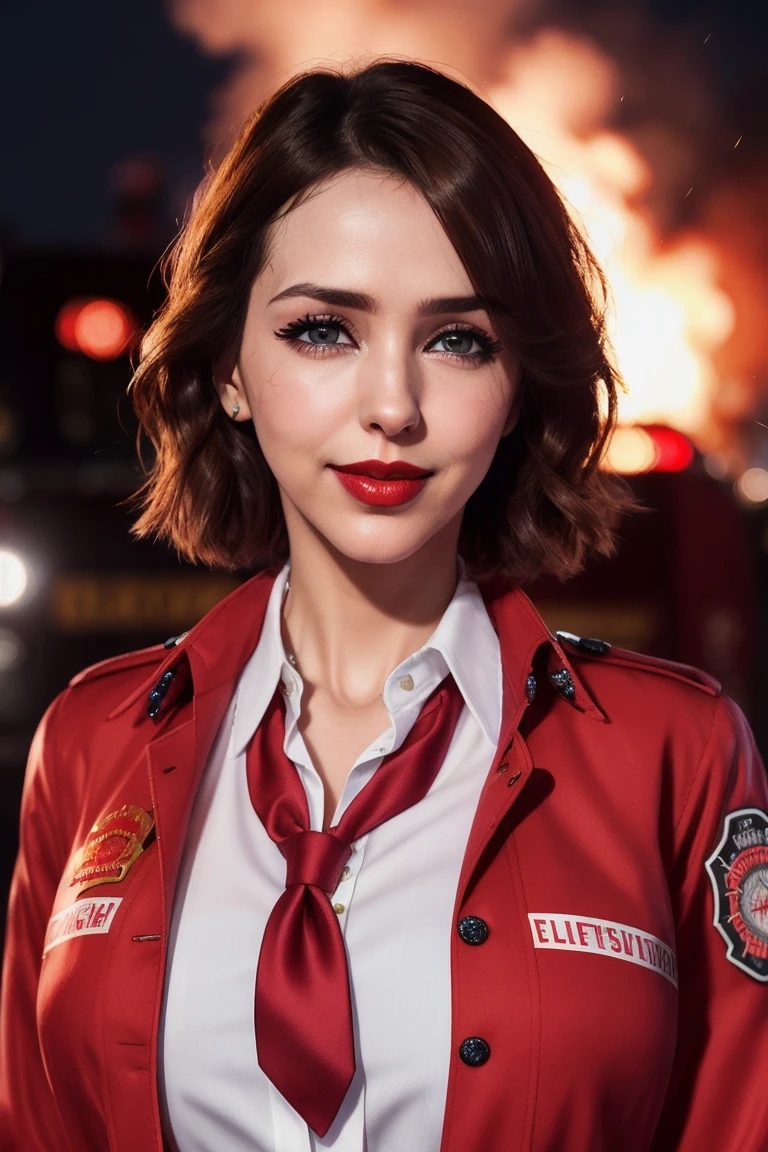 stefjo, ((detailed skin, detailed face):1.2), ((detailed eyes, beautiful eyes):1.2), ((red lipstick, eyeliner, eye shadow, blush)), photo of a woman, ((firefighter coat, short hair, shirt, necktie, explosions, at night, fire)), (smile)