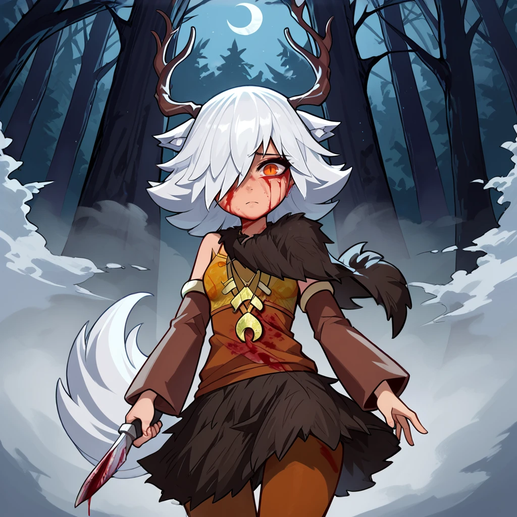 1girl,solo,<lora:tirsiak (4):1>,deer girl,antlers,white hair,animal ears,tail,hair over one eye,orange eyes,slit pupils,crescent moon necklace,fur capelet,brown shirt,yellow bikini top,fur skirt,brown legwear,detached sleeves,
forest,outdoors,bare tree,fog,
looking at viewer,crying with eyes open,sad,closed mouth,blood,blood on face,blood on clothes,holding knife,, score_9, score_8_up, score_7_up, perfect anatomy, source_anime, zPDXL2,