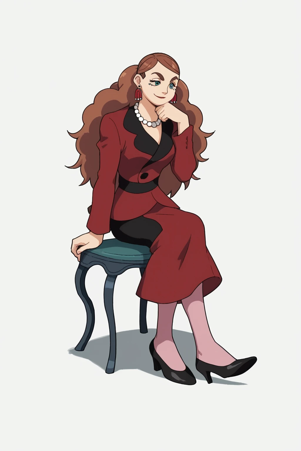 score_9, score_8_up, score_7_up, score_6_up, BREAK, 1girl, solo, teslamagnet, pearl necklace, earrings, red jacket, red skirt, pink pantyhose, black footwear, high heels, light smile, head resting on hand, full body, sitting, white background, simple background<lora:EMS-431992-EMS:1.000000>