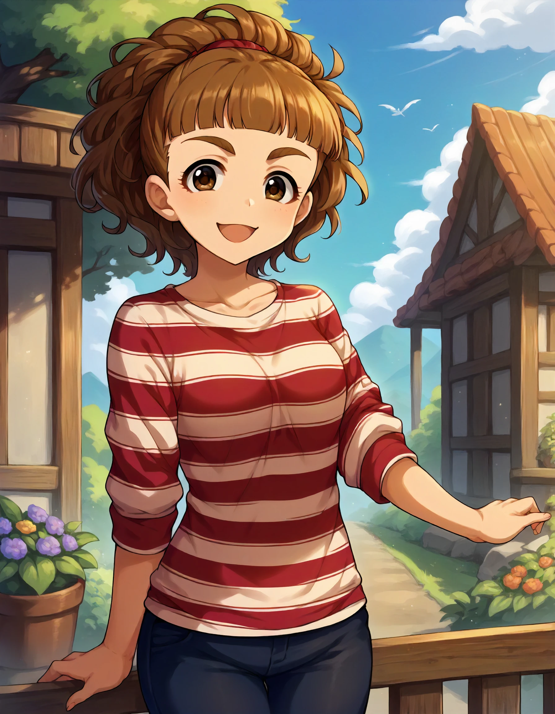 score_9,score_8_up,score_7_up,1girl,solo,cowboy shot,looking at viewer,smile,open mouth,outdoors,
<lora:oonishiyuriko_ponyXLV6:0.8>,cgoyr,brown hair,ponytail,blunt bangs,thick eyebrows,brown eyes,
striped shirt,pants