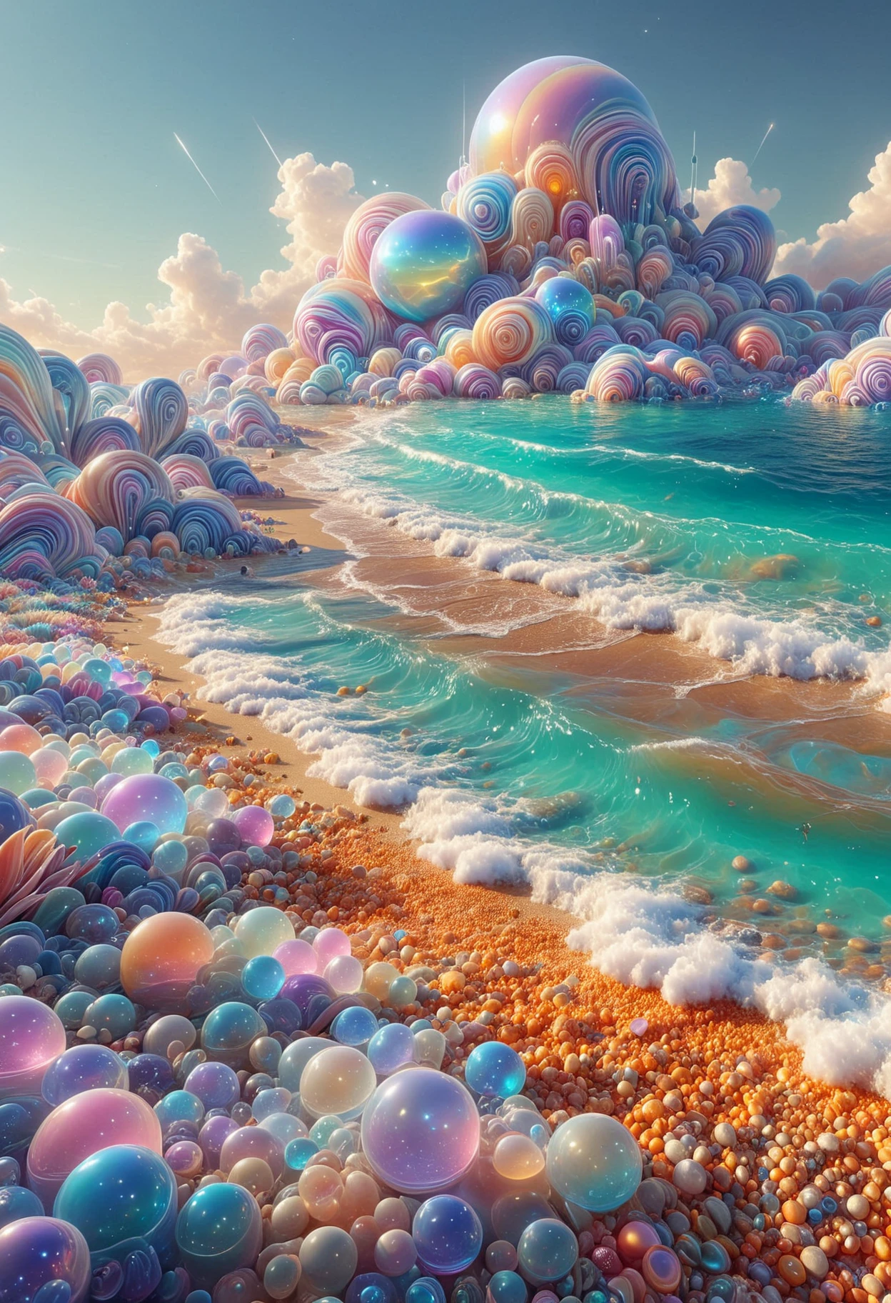 Concept art, desolate beach and fauna, Ultrarealistic, Hypersaturated, science fiction, dynamic background, ambient atmosphere, beautiful composition, made out of iridescent jelly, <lora:PinkieIriJllySDXL-v1:1>, p1nk1r1j3lly,