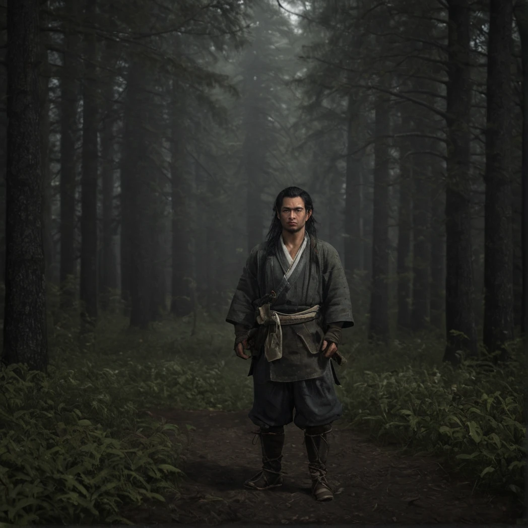 Edo, Shogun, Japanese Edo period, (Japanese Male, Japanese Clothing), Front-facing, Front, moody forest, long hair, (UHD, 8K, ultra detailed, looking at the camera, highly detailed, best quality, best aesthetic, high detail, amazing detail, masterful, work of a master, highly detailed background, shallow depth of field, photorealistic, RAW image, 
8k high resolution, ray tracing, realistic, mid day, volumetric lighting), badneg-xl, medium shot, mid shot, 