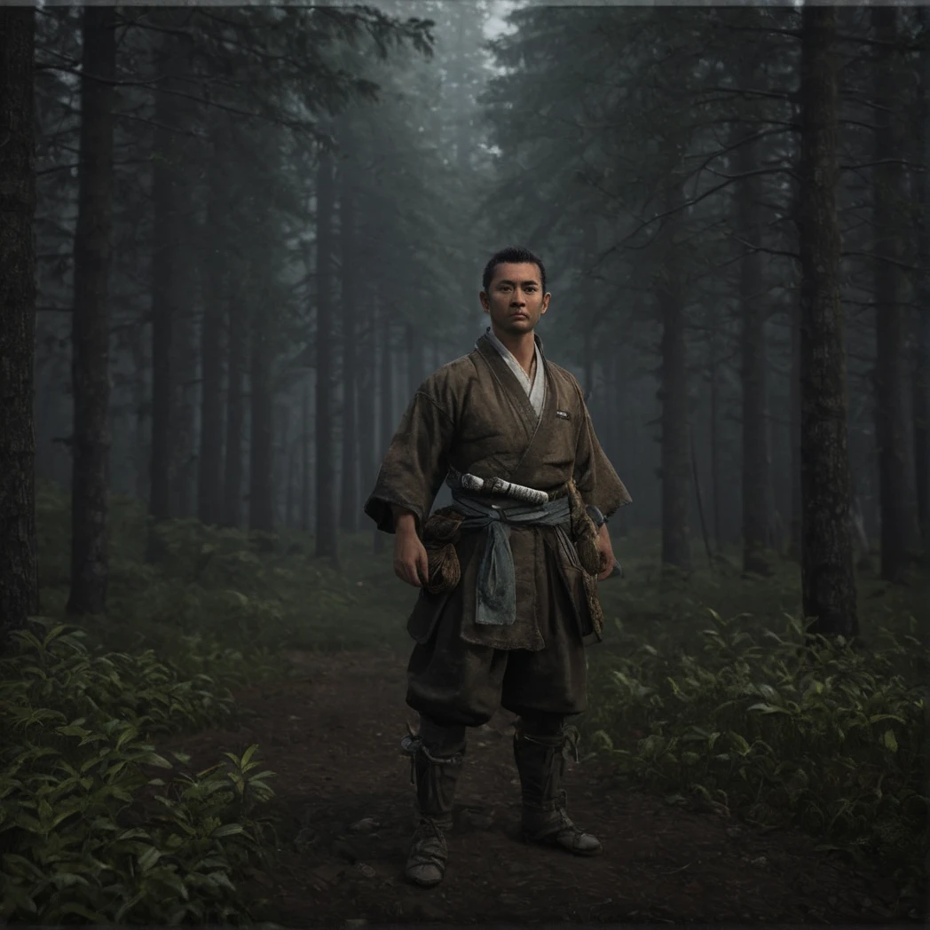 Edo, Shogun, Japanese Edo period, (Japanese Male, Japanese Clothing), Front-facing, Front, moody forest, (UHD, 8K, ultra detailed, looking at the camera, highly detailed, best quality, best aesthetic, high detail, amazing detail, masterful, work of a master, highly detailed background, shallow depth of field, photorealistic, RAW image, 
8k high resolution, ray tracing, realistic, mid day, volumetric lighting), badneg-xl, medium shot, mid shot, 