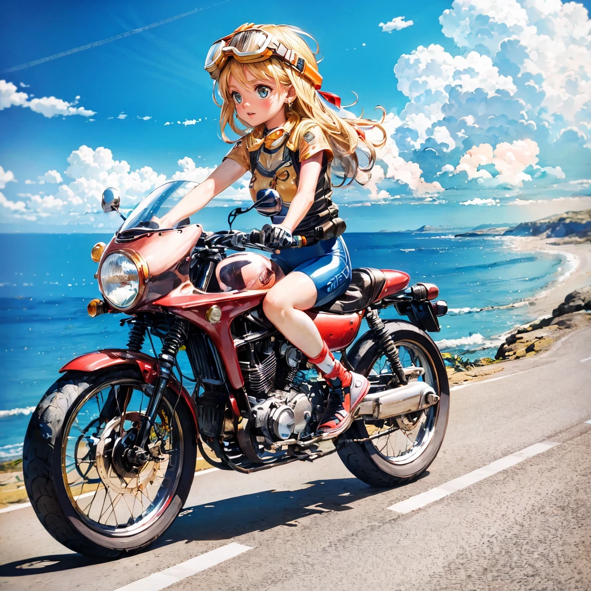 best quality,ultra detailed,
classic bike,old bike,Road along the sea,Touring,solo,
Running bike,full body,1 ,babyface,bl hair,shot hair,messy hair,petite,hair ribbon,earrings,medium breast,Rider Suit,(Put on a helmet,goggles:1.1),