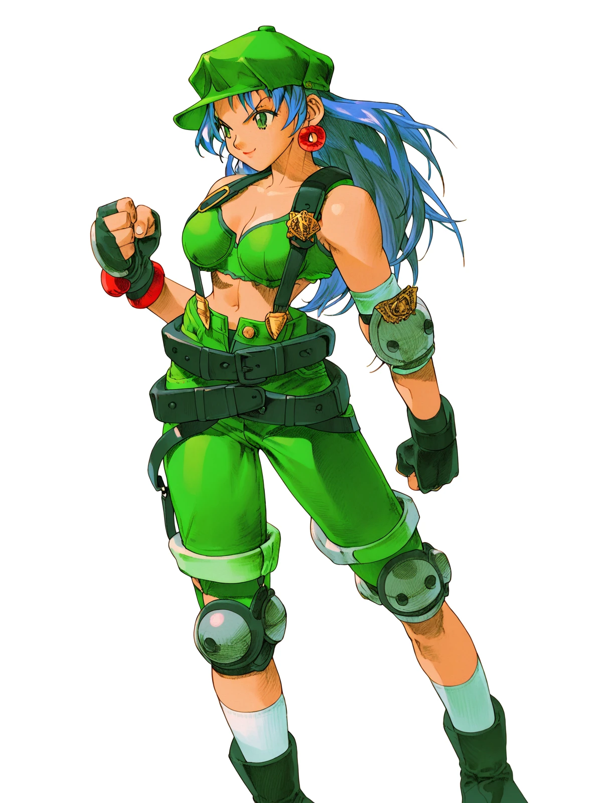 score_9, score_8_up, score_7_up, solo, BREAK, 1girl, full body,
 <lora:Tracy_BAT:1>, anime, Tracy, green eyes, backwards green cap, smiling, fighting stance, blue hair, green bra, black suspenders, round red earrings, green shorts, black leather belt, gold sheriff badge, armored elbow pads, <lora:MVC2Style_SDXL:1>, mvc2style, simple background, standing, black fingerless gloves, black boots, white socks