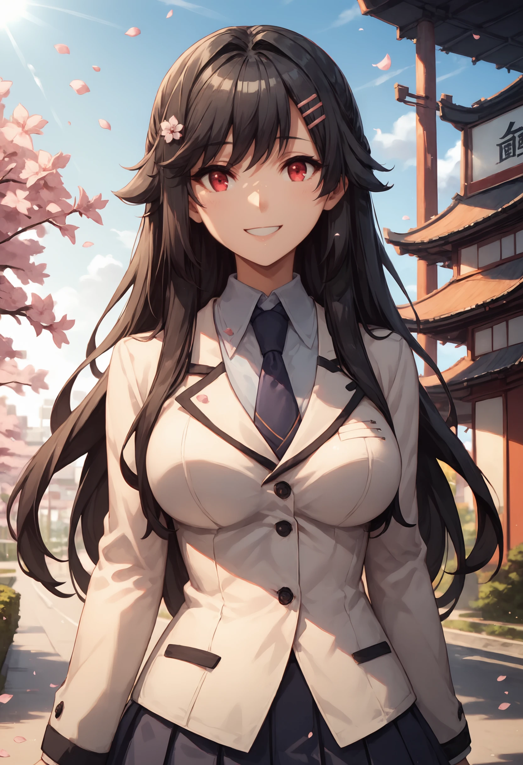 masterpiece,best quality, highly detailed, score_9, score_8_up, score_7_up, score_6_up, 1girl,  akanen, black hair, long hair, hair ornament, hairclip, red eyes, necktie, school uniform, jacket, outdoors sakura trees street, sunlight, depth of field, dynamic pose, waist up, smiling, large breasts, cherry blossoms, petals, <lora:StS_detail_slider_release_two_v3:0.5> <lora:Test:0.5> <lora:akanen:0.8>