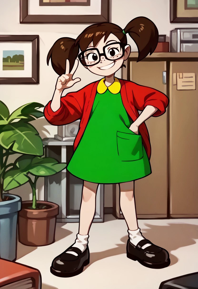 score_9, score_8_up, score_7_up BREAK Chilindrina, 1girl, dark brown hair, pigtails, black eyes, freckles, glasses, open red cardigan, yellow-collared green dress, yellow dress pocket, socks, black mary jane shoes, full body, smiling at viewer,