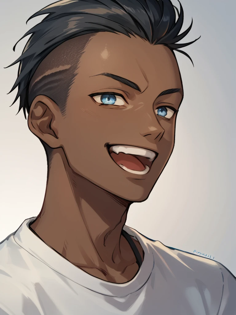 score_9, score_8_up, score_7_up,  source_anime , portrait , male , solo , skinny man , dark skin , black short mohawk undercut , pale-blue eyes , shirt  , laugh , <lora:StS_Skin_Tone_Slider:-2>