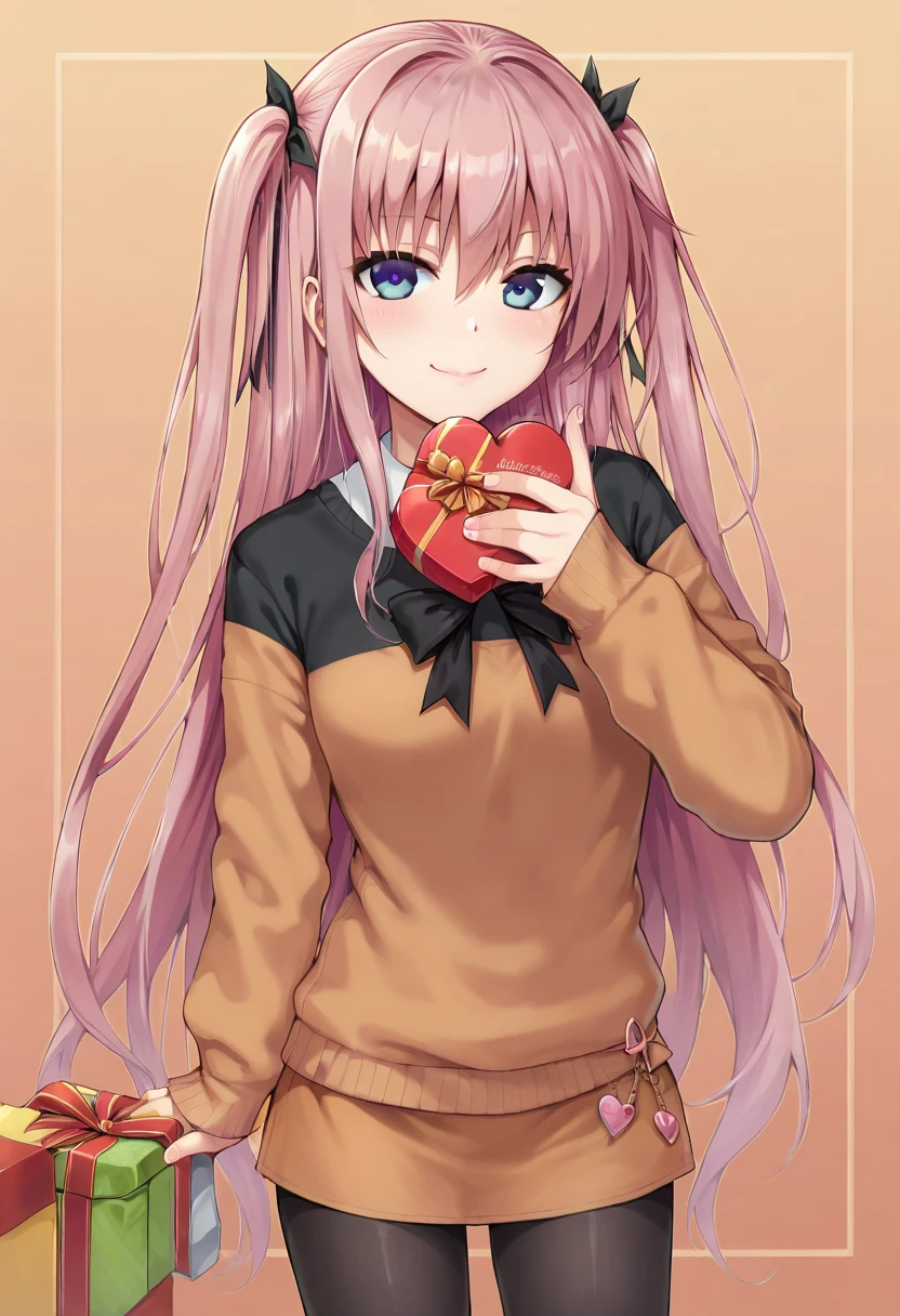 score_9, score_7_up, 1girl,
gift, looking at viewer, black ribbon, black shirt, hair between eyes, closed mouth, pantyhose, long hair, gift box, shirt, black pantyhose, long sleeves, hand up, hair ribbon, holding gift, sweater, orange background, orange skirt, standing, twintails, orange sweater, box, cowboy shot, miniskirt, skirt, ribbon, very long hair, blush, valentine, holding, smile, pink hair, heart-shaped box, solo
<lora:40010prototype-Style-PonyXL-DoRA-000041:1>