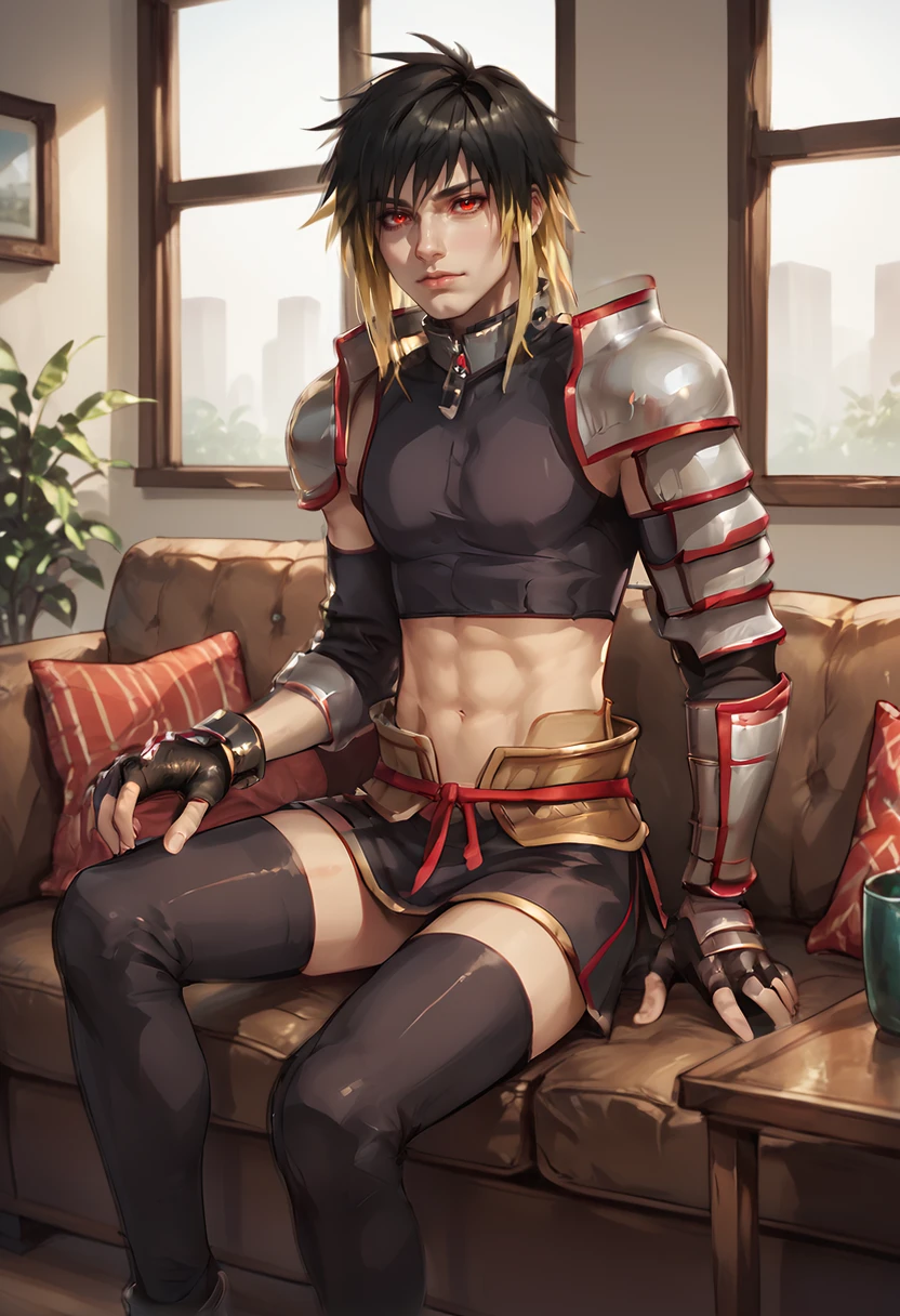 score_9, score_8_up, score_8,
 <lora:Albel_Nox_Star_Ocean_for_PonyXL:0.8> 1boy, alb3ln0x, solo, armor, midriff, gloves, blonde hair, black hair, thighhighs, red eyes, fingerless gloves
sitting on couch, living room, window