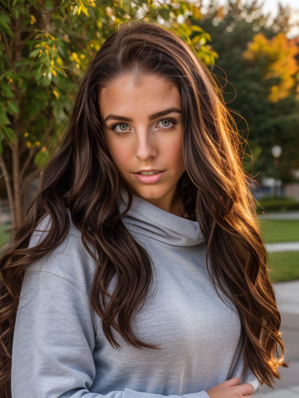 awhite, professional portrait of 1girl,  holding backpack, on college campus, college sweatshirt, <skinhairdetail>, wavy hair, giant breasts, big lips, looking at viewer, outdoors, shadows, sunbeams, haze, glare