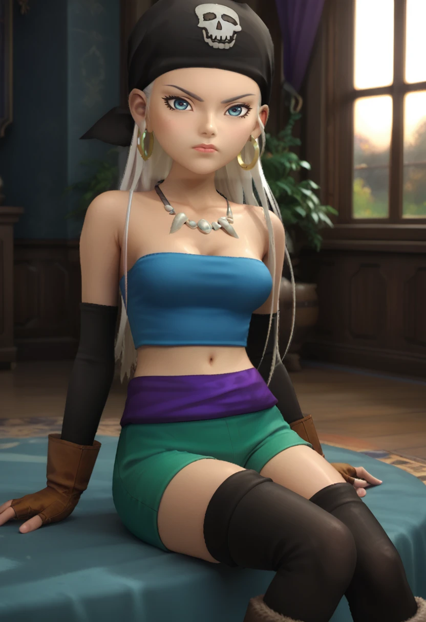 score_9, score_8_up, score_7_up, score_6_up, score_5_up, 1girl, <lora:Zola_-_Blue_Dragon_Xbox_360_r1:0.7> Zola360, source blue dragon, zola, long hair, earrings, white hair, blue eyes, earrings, hoop earrings, necklace, jewelry, bandana, skull (symbol), blue tube top, brown gloves, black elbow gloves, midriff, navel, cleavage, green shorts, black thighhighs, brown boots, purple sash, sexy, female focus, fantasy, expressive, skindentation, skinny, 1female, masterpiece, 32K HD, beautiful attention to detail, detailed eyes, shiny skin, showing lots of skin, wide lens, perfect hands, perfect eyes, ((2d)), anime, source anime, anime coloring, flat shadows, flat colors, looking at viewer, zPDXL2, zPDXLxxx, sitting, uncensored , ((feet out of frame)), indoors, sad