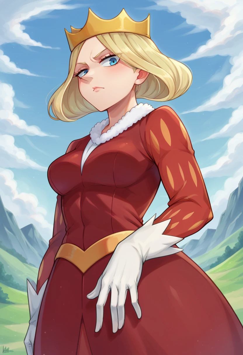 score_9,score_8_up,score_7_up BREAK <lora:Hiling:0.8>,queen hilling,1girl,solo,short hair,blue eyes,long sleeves,blonde hair,gloves,white gloves,red dress,crown,landscape background,cowboy shot,from below,