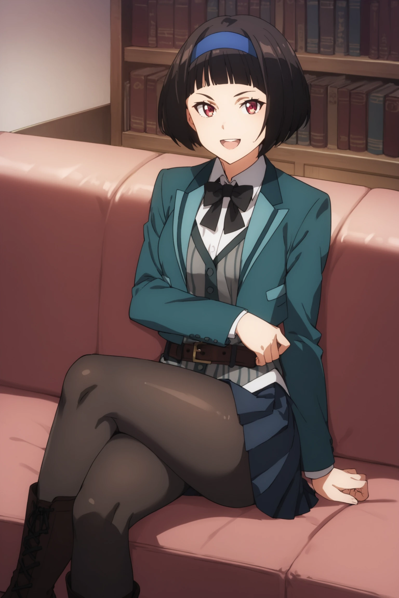 score_9, score_8_up, score_7_up, score_6_up, score_5_up, source_anime, rating_safe, medium breasts, indoors, library, 1girl, solo, looking at viewer, kazuki ferrari, short hair, black hair, bob cut, blue hairband, school uniform, green jacket, white shirt, bowtie, vest, belt, pleated skirt, pantyhose, boots, <lora:Kazuki_Ferrari:0.8>, smile, (smirk:1.2), open mouth, sitting on sofa, crossed legs, full body