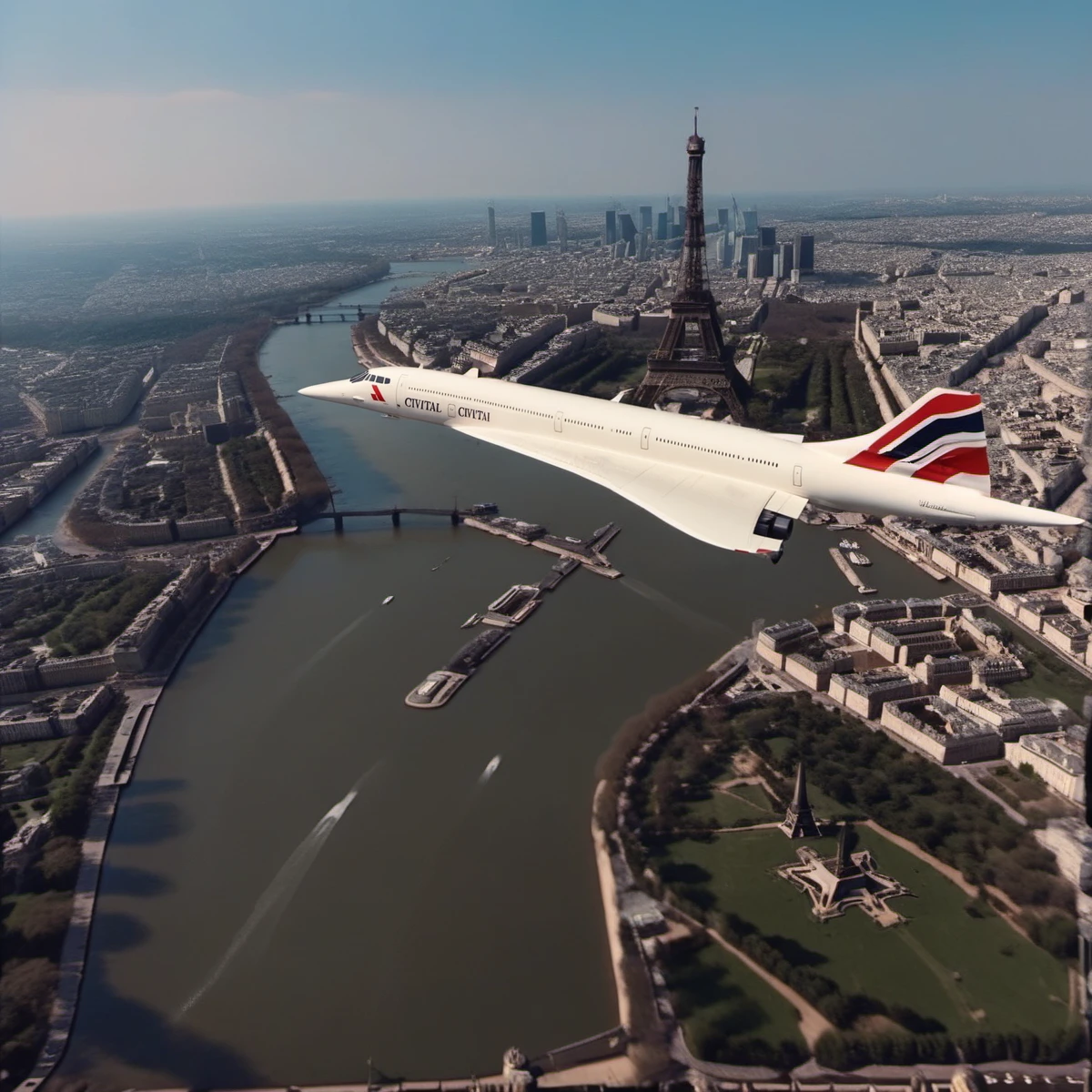 cinematic photo  aircraft flys through the eiffel tower, ((text ''CIVITAI AIRLINE'')) <lora:Concorde1024:0.8> . 35mm photograph, film, bokeh, professional, 4k, highly detailed