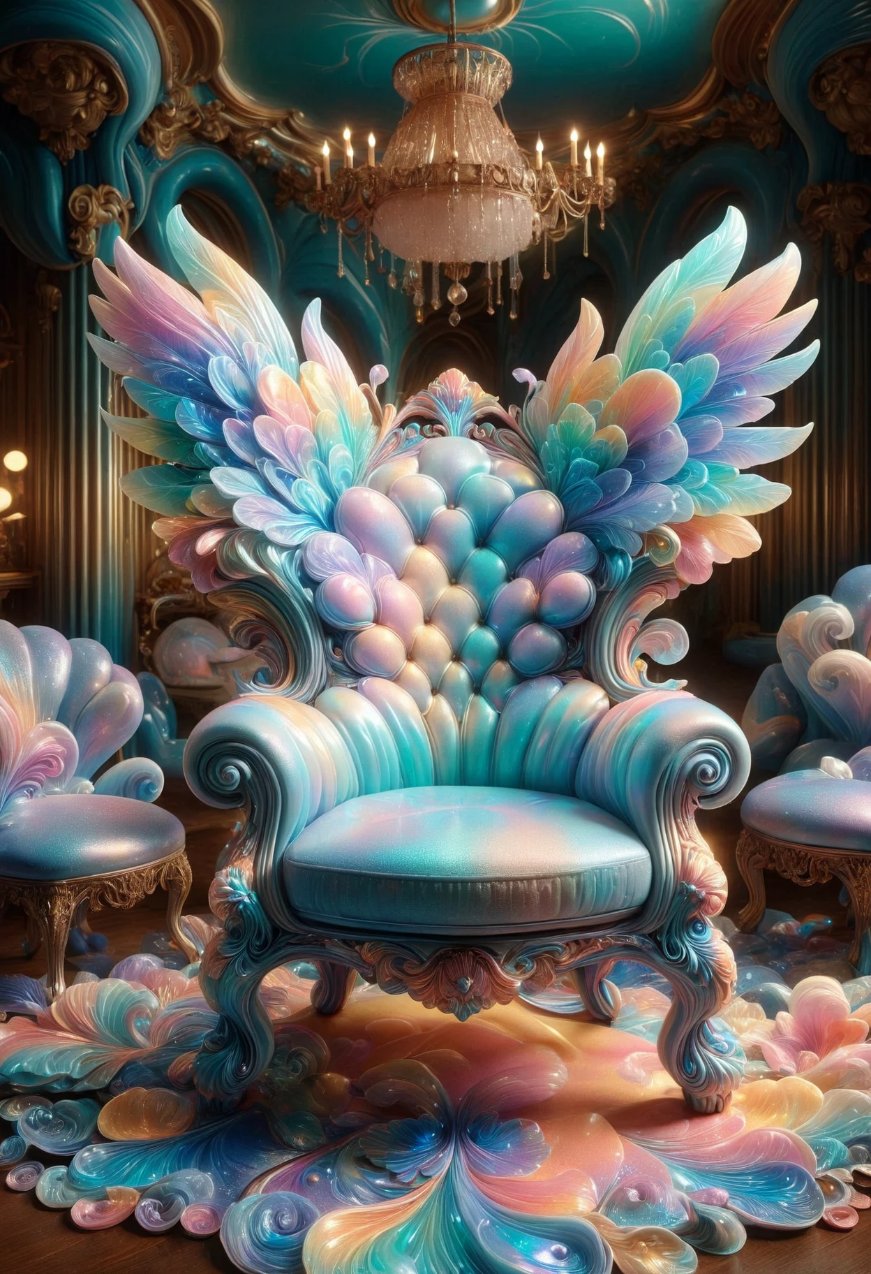 Antsy-pantsy Primordial Japanese Wingback chair, ornate details, side light, 8K, hyperdetailed, made out of iridescent jelly, <lora:PinkieIriJllySDXL-v1:1>, p1nk1r1j3lly, best, aesthetic, perfect symmetry, inspired, sublime, lush, extremely stylish