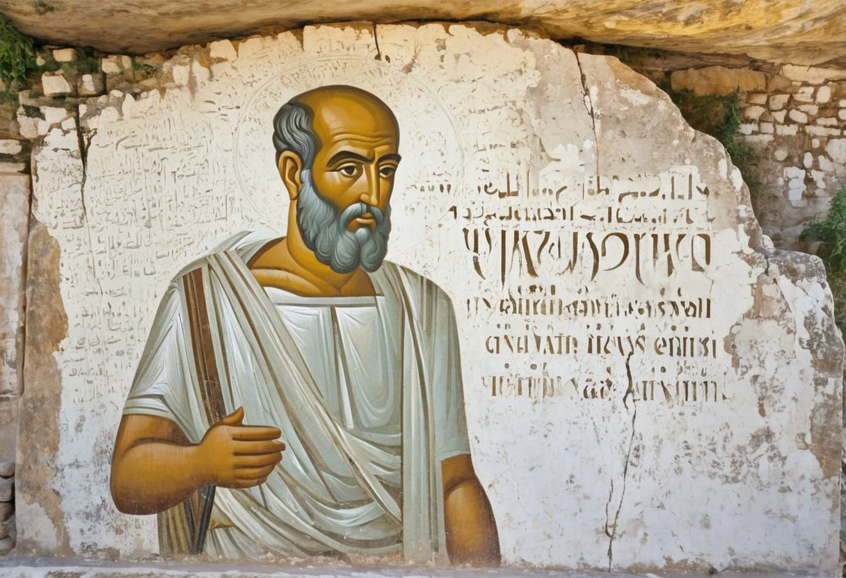 A captivating ancient scene, a middle-aged, short, and skinny man with a balding head and brown beard. He appears weary from his long journey of hiking, as he walks through the ancient city of Corinth in AD 50. The muted colors of the fresco create a sense of historical authenticity. The man engages in conversation with the local Greeks, dressed in a white tunic, sharing his message of faith and hope amidst the bustling city. fayoum, fresco, paint