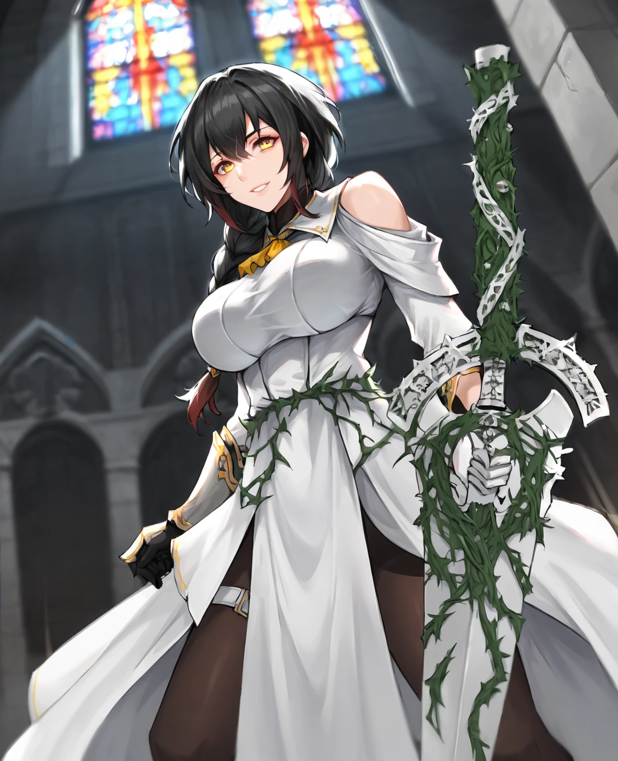 score_9,score_8_up,score_7_up,source_anime,rating_safe BREAK masterpiece,highres,best quality,high quality,dramatic angle,cinematic lighting,1girl,<lora:NightOfRevenge_pony_V1-000020:0.86>,Aradia,Bara no majo,black hair,yellow eyes,braids,gradient hair,two-tone hair,ribbon,thorns,white dress,yellow bowtie,turtleneck,gauntlets,black pantyhose,thigh strap,from below,yandere,shaded face,drinking blood,blood,holding sword,hair flower,crown of thorns,greatsword,evil smile,torn clothes,cleavage,hanging breasts,church,stained glass,depth of field,extremely detailed background,<lora:add-detail-xl:0.43>,<lora:flat_sdxl:-0.68>,cleavage cutout,red rose,cleavage,vines