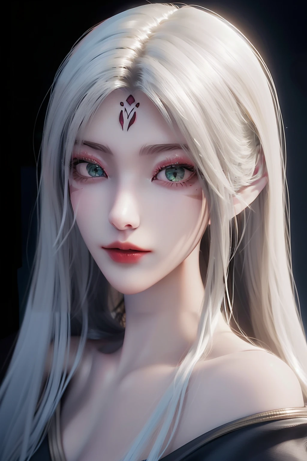 <lora:XiaoBai-SD1:1>,
xiaobai,1girl,solo,long hair,white hair,green eyes,(facial mark:1.1),simple background,red lips,upper body,Character details,lips,closed mouth,makeup,looking at viewer,realistic,forehead mark,shoulder,Detailed carving of forehead pattern,black background,, best quality , masterpiece, illustration, an extremely delicate and beautiful, extremely detailed ,CG,unity,8k wallpaper, Amazing, finely detail, masterpiece, best quality,official art,extremely detailed CG unity 8k wallpaper,absurdres, incredibly absurdres, huge filesize , ultra-detailed, highres, extremely detailed,beautiful detailed girl, extremely detailed eyes and face, beautiful detailed eyes,light on face,