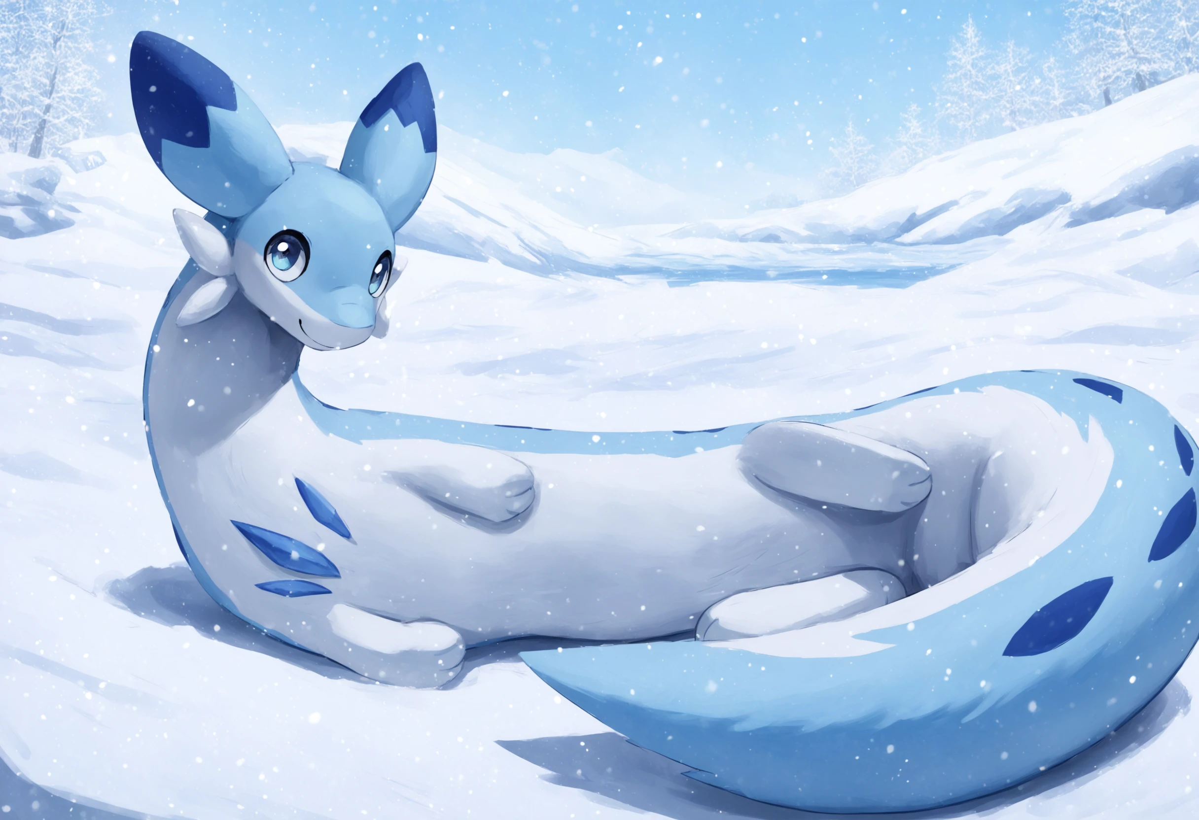 score_9, score_8_up, score_7_up, source_anime BREAK
winter background, snow, ice
Chillet_Palworld, feral, light blue fur, blue eyes, white underbelly, blue back spikes, blue chest markings, blue spots, blue-tipped ears, whiskers, long animal ears, long tail, (lying:1.5), (on side:1.5), smile, looking at viewer, smile
(curled up,:1.6) on all fours, four legs,
detailed background, beautiful scenery
<lora:add-detail-xl:1>
<lora:Chillet_Palworld:1>