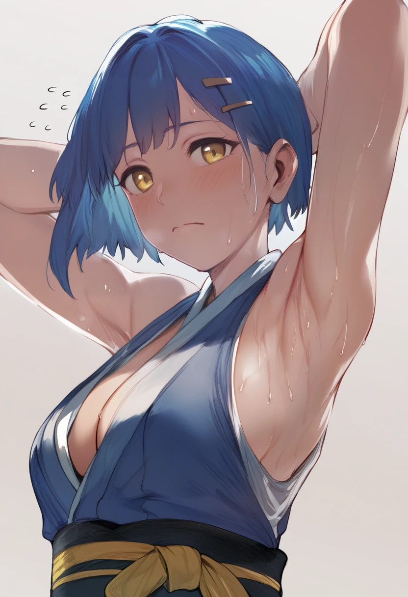 score_9, score_8_up, score_7_up, score_6_up, <lora:hewsXL_P6_lokr_V43P1NF:0.95>  1girl, breasts, armpits, solo, yellow eyes, sweat, blush, large breasts, hairclip, arms up, hair ornament, upper body, cleavage, white background, black hair, short hair, closed mouth, simple background, flying sweatdrops, sleeveless, arms behind head, looking at viewer, presenting armpit, sash, blue hair