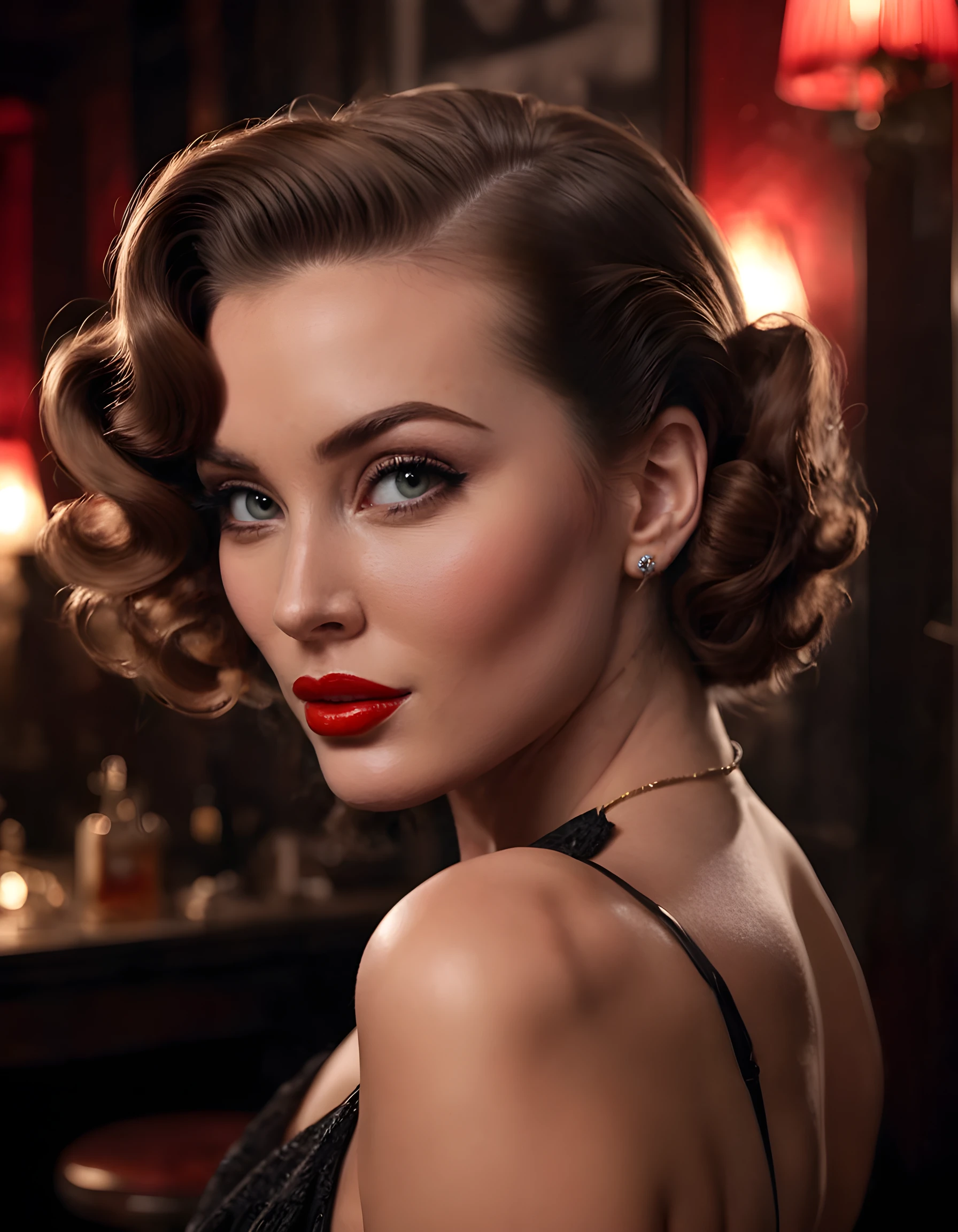 In a gritty, noir-inspired setting of a dimly lit speakeasy in 1940s New York City, the camera captures a close-up image of 54R4H6, a woman with a striking, chignon hairstyle and fiery red lipstick. Her intense gaze is fixed on the viewer, her long hair cascading down her back in loose waves, creating a sense of mystery and allure against the blurry, smoky background of the room. The warm, amber light casts deep shadows across her face, emphasizing the sharp lines of her angular features, while the soft focus on her eyes adds an air of enigmatic intrigue. Her pose is confident and assertive, leaning slightly forward as if to whisper a secret, further captivating the viewer in this black-and-white photograph that exudes an atmosphere of sultry seduction and hidden power.