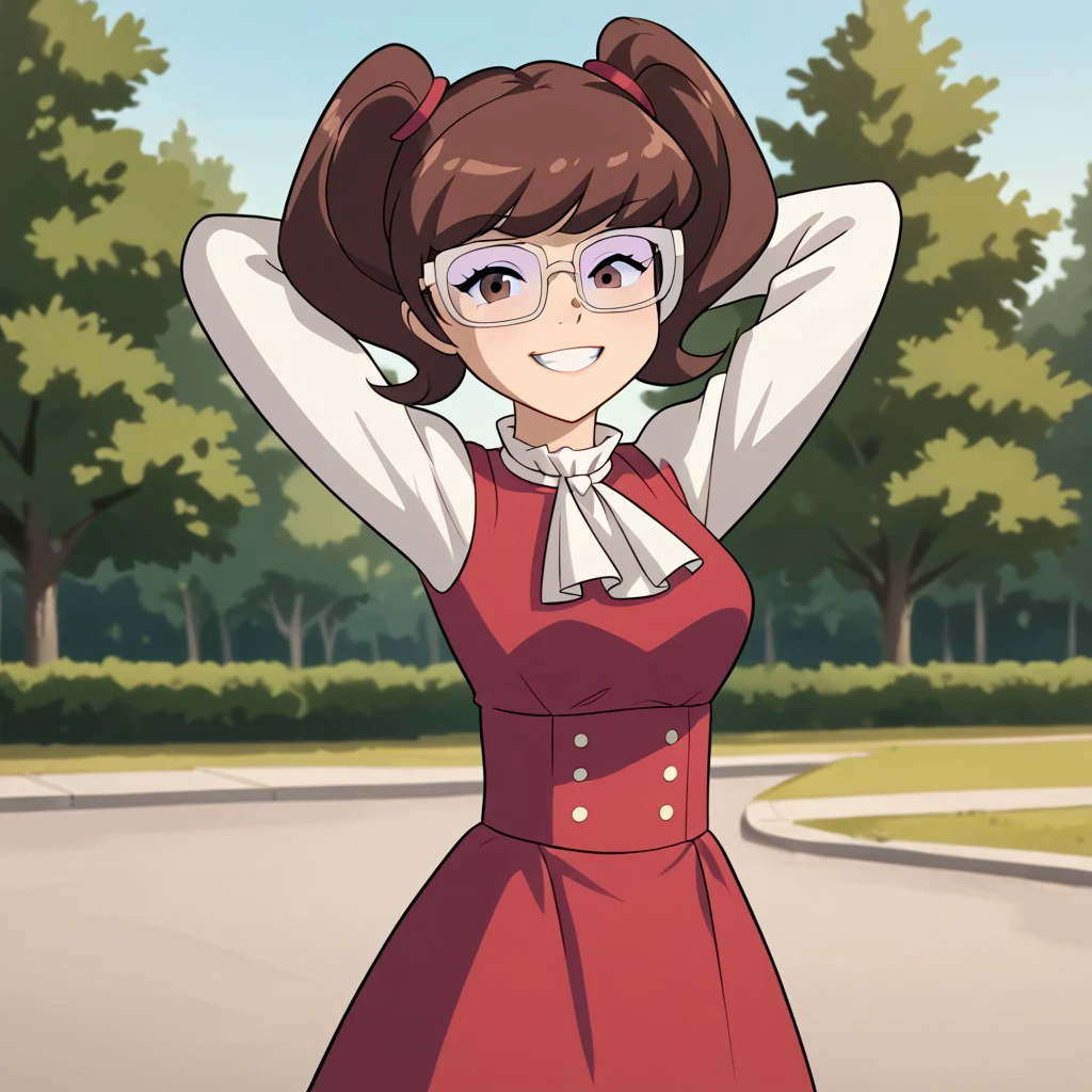 score_9, score_8_up, score_7_up, BREAK, madelyn, brown hair, twintails, glasses, red dress, long sleeves, ascot, outdoors, smiling, hands behind head