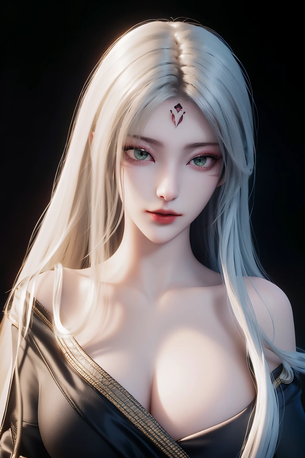 <lora:XiaoBai-SD1:1>,
xiaobai,1girl,solo,long hair,white hair,green eyes,(facial mark:1.1),simple background,red lips,upper body,Character details,lips,closed mouth,makeup,looking at viewer,realistic,forehead mark,shoulder,Detailed carving of forehead pattern,black background,undressing,clothes_down,clothes_removed,(topless:1.3),cleavage,big breasts,hanging breasts,bouncing breasts,unbuttoned clothes,, best quality , masterpiece, illustration, an extremely delicate and beautiful, extremely detailed ,CG,unity,8k wallpaper, Amazing, finely detail, masterpiece, best quality,official art,extremely detailed CG unity 8k wallpaper,absurdres, incredibly absurdres, huge filesize , ultra-detailed, highres, extremely detailed,beautiful detailed girl, extremely detailed eyes and face, beautiful detailed eyes,light on face,