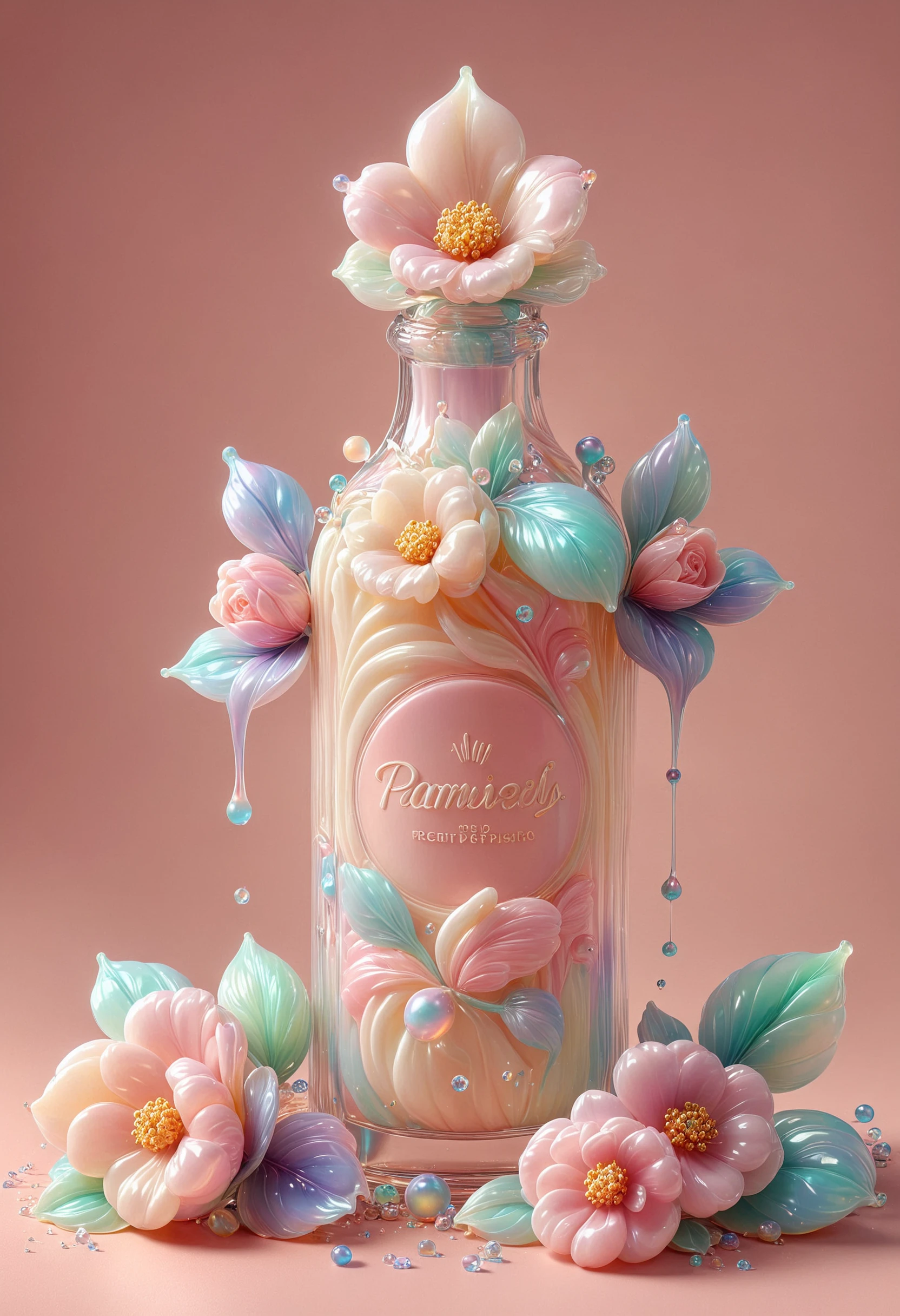 Breathtaking surreal image of a bottle made out of iridescent jelly, a feeling of deep and delightful relaxation. The bottle is completely isolated in a smooth baby pink background, soft and pampering texture, soft and pampering feeling, the flowers in soft and delicate cream shades, <lora:PinkieIriJllySDXL-v1:1>, p1nk1r1j3lly,