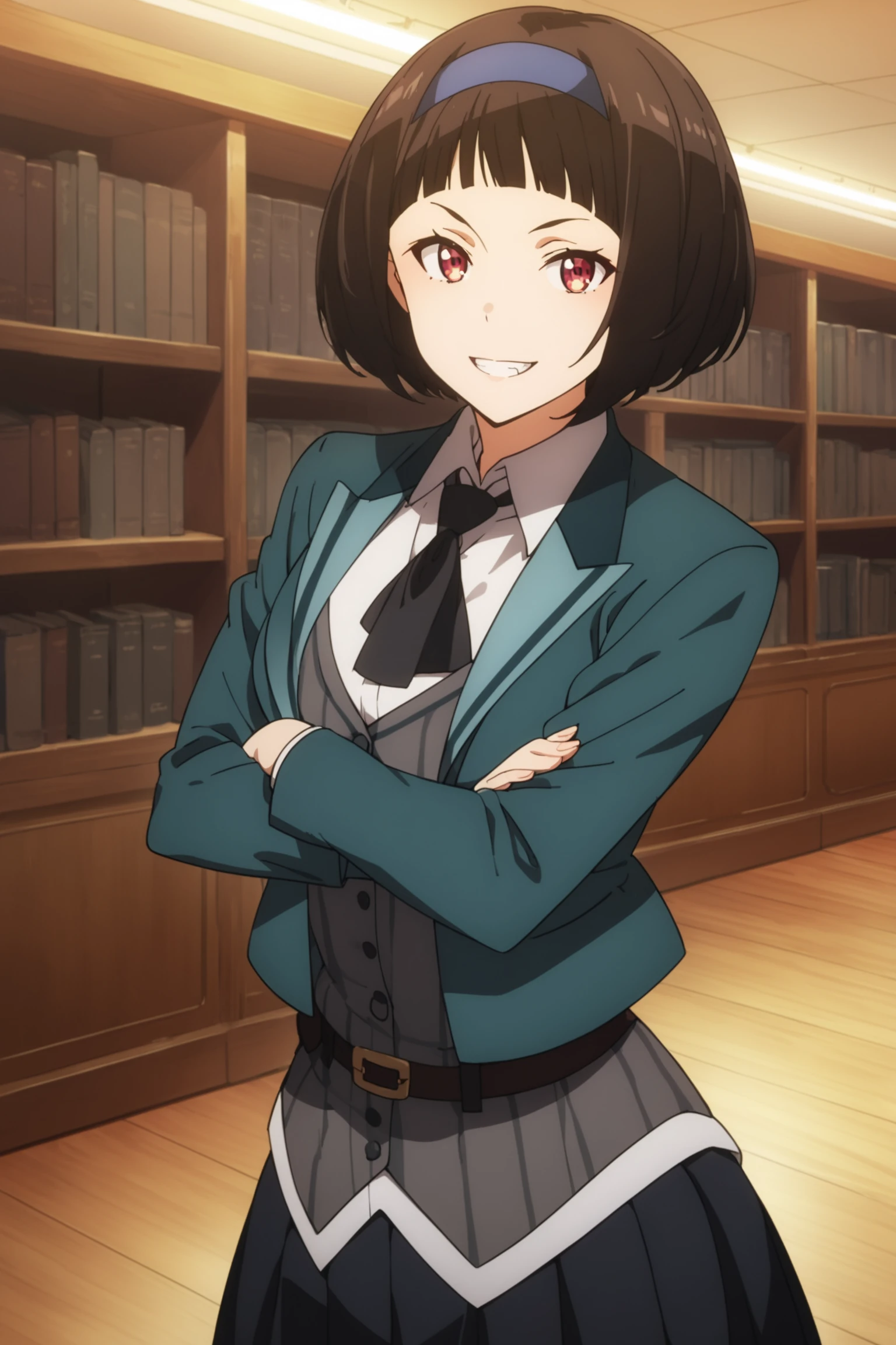 score_9, score_8_up, score_7_up, score_6_up, score_5_up, source_anime, rating_safe, medium breasts, indoors, library, 1girl, solo, looking at viewer, kazuki ferrari, short hair, black hair, bob cut, blue hairband, school uniform, green jacket, white shirt, bowtie, vest, belt, pleated skirt, pantyhose, boots, <lora:Kazuki_Ferrari:0.8>, smile, (smirk:1.2), teeth, crossed arms