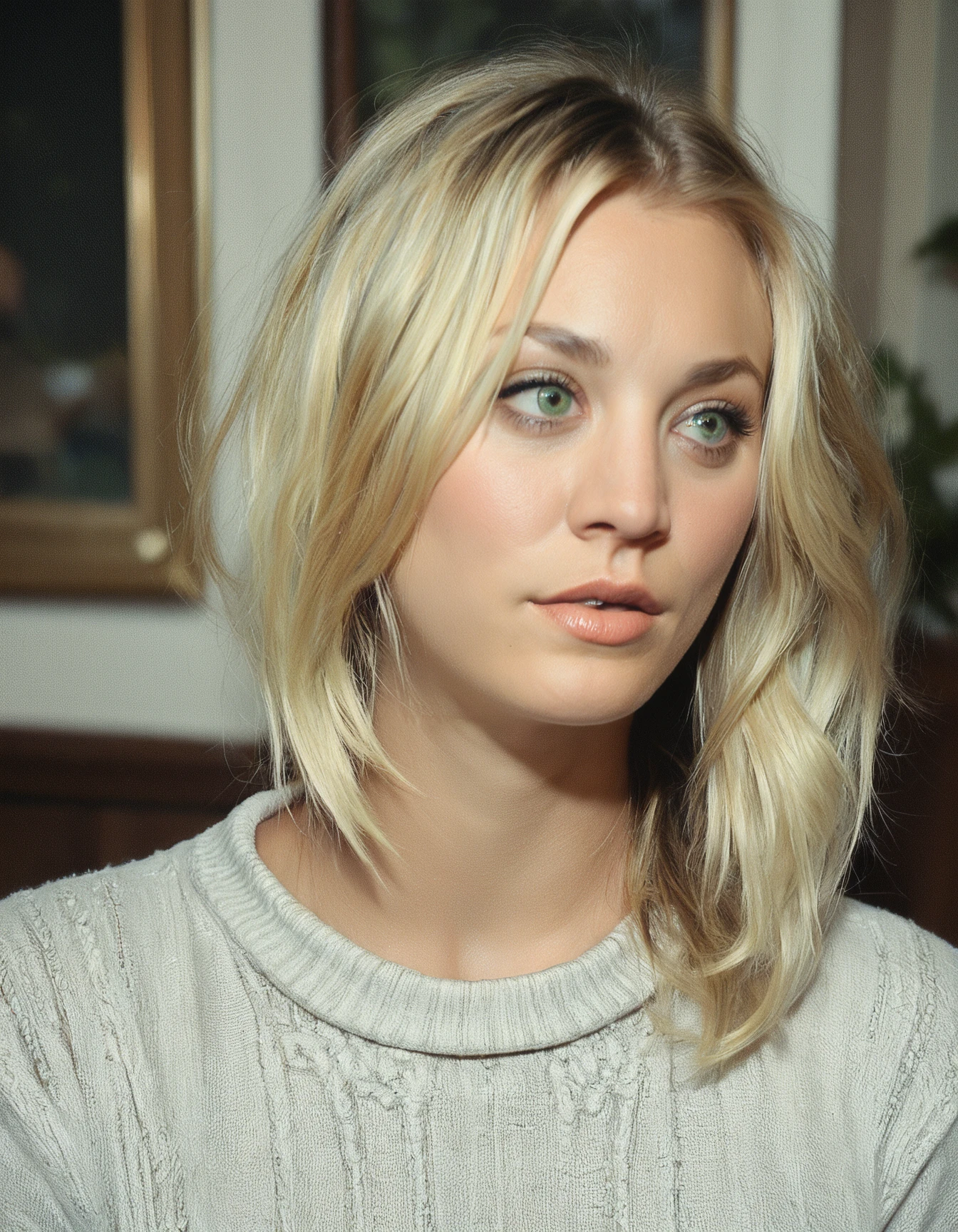 score_9, score_8_up, score_7_up, ohwx, 1girl, slim, realistic, close-up, parted lips, blonde diagonal bangs, (green:0.2) eyes, <lora:CrunchyBanana_PONY_dora_kaley_cuoco:1>, indoors, sweater dress, rating_safe
