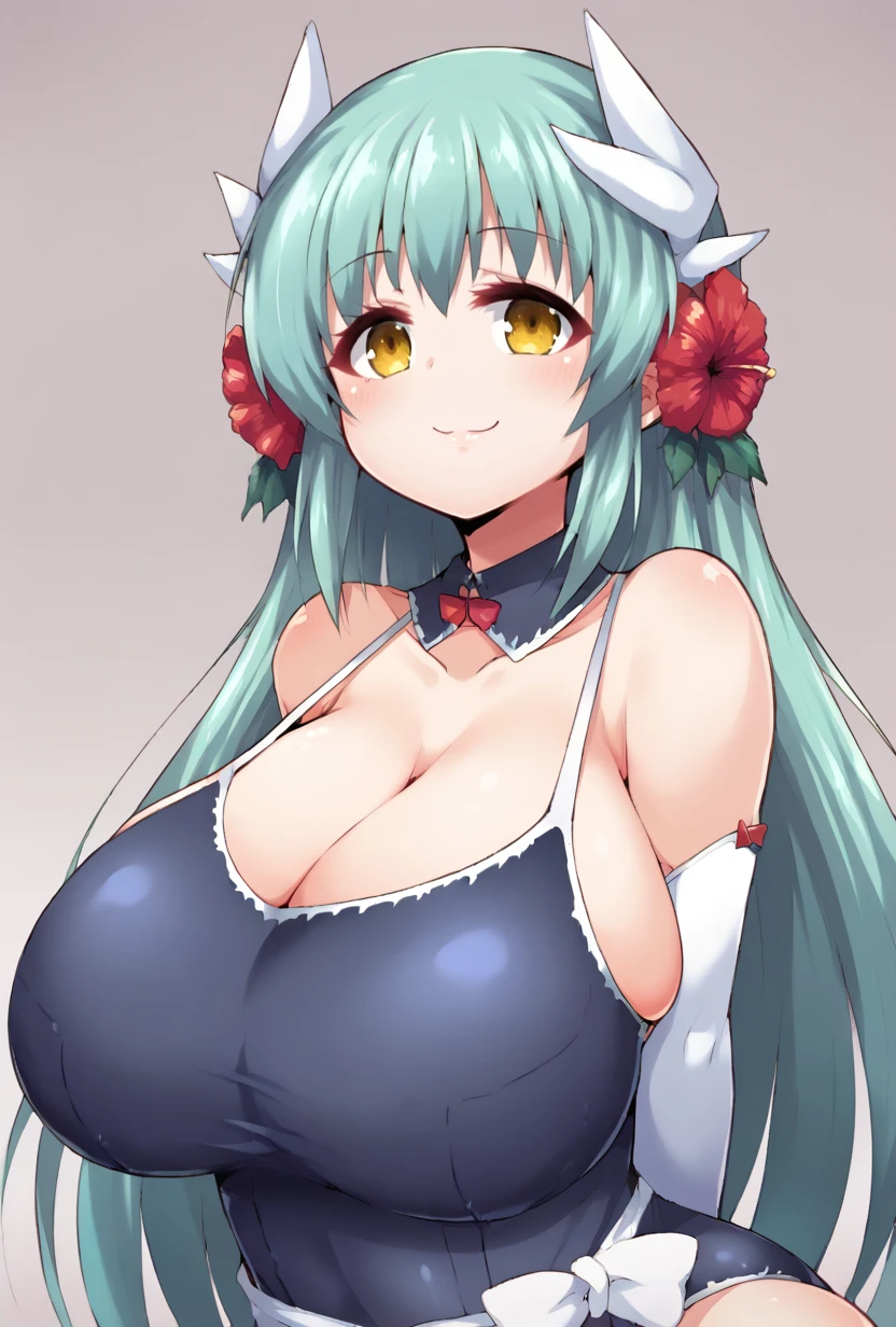 score_9,score_7_up  <lora:kiyohime_(lancer)_XL_1:1>  bbkiyo, long hair, aqua hair, white horns, hair flower, red flower, yellow eyes, detached collar, cleavage, school swimsuit, blue one-piece swimsuit, elbow gloves, white gloves, white sash, blush, smile,  huge breasts <lora:bukatsu_(clubactivity)-Style-PonyXL-DoRA-000043:1>