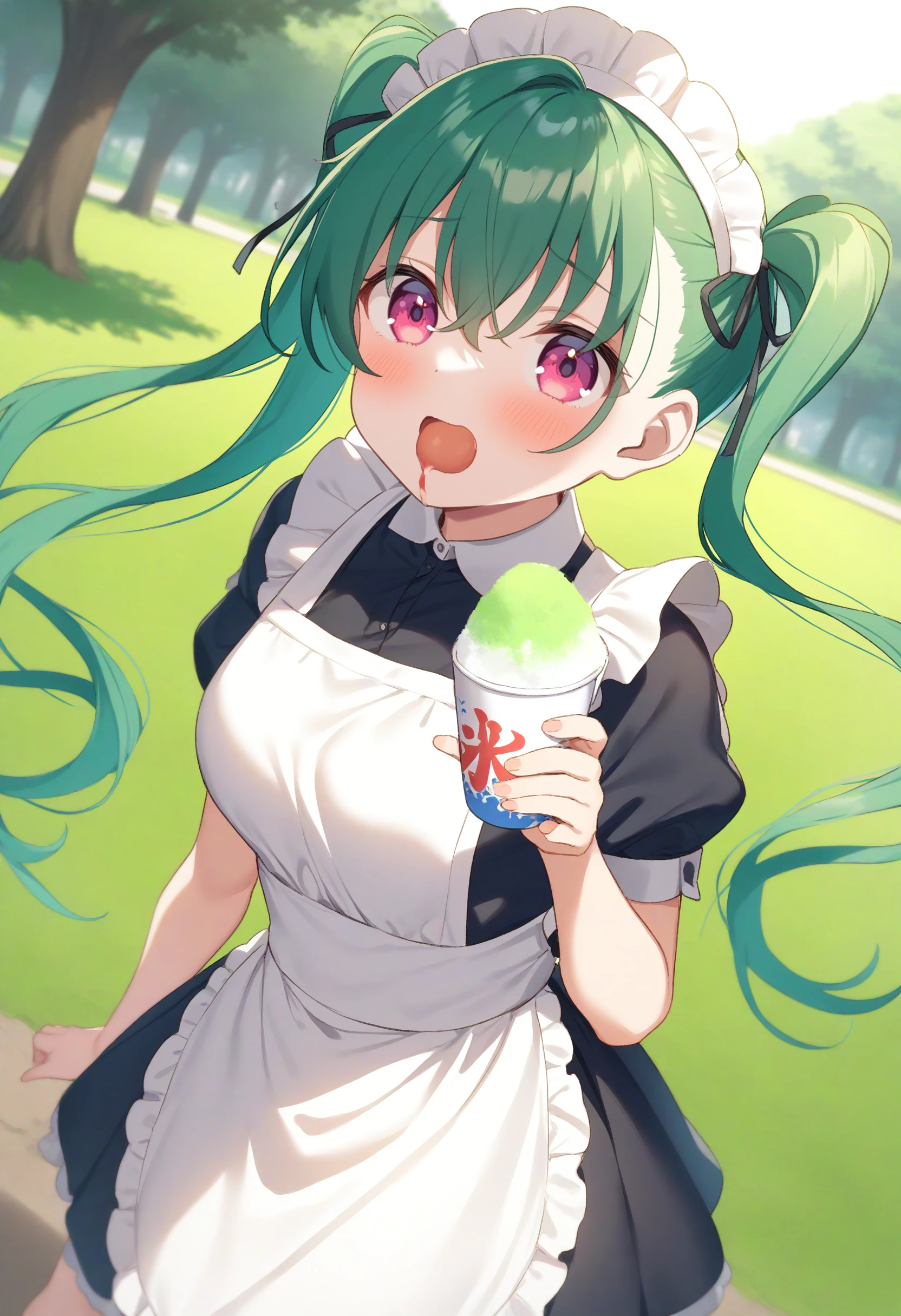 1girl,sincos, ningen mame, toosaka asagi,solo,large breasts,20yo,maid,maid headdress,
shaved ice,<lora:shavedice_XL_v1:0.8>
holding drinking straw, spoon straw, eating,
from behind, fisheye lens, looking ahead, green hair, pink eyes,giggling, centralpark, open mouth, quad tails hair,,
best quality, very aesthetic, absurdres