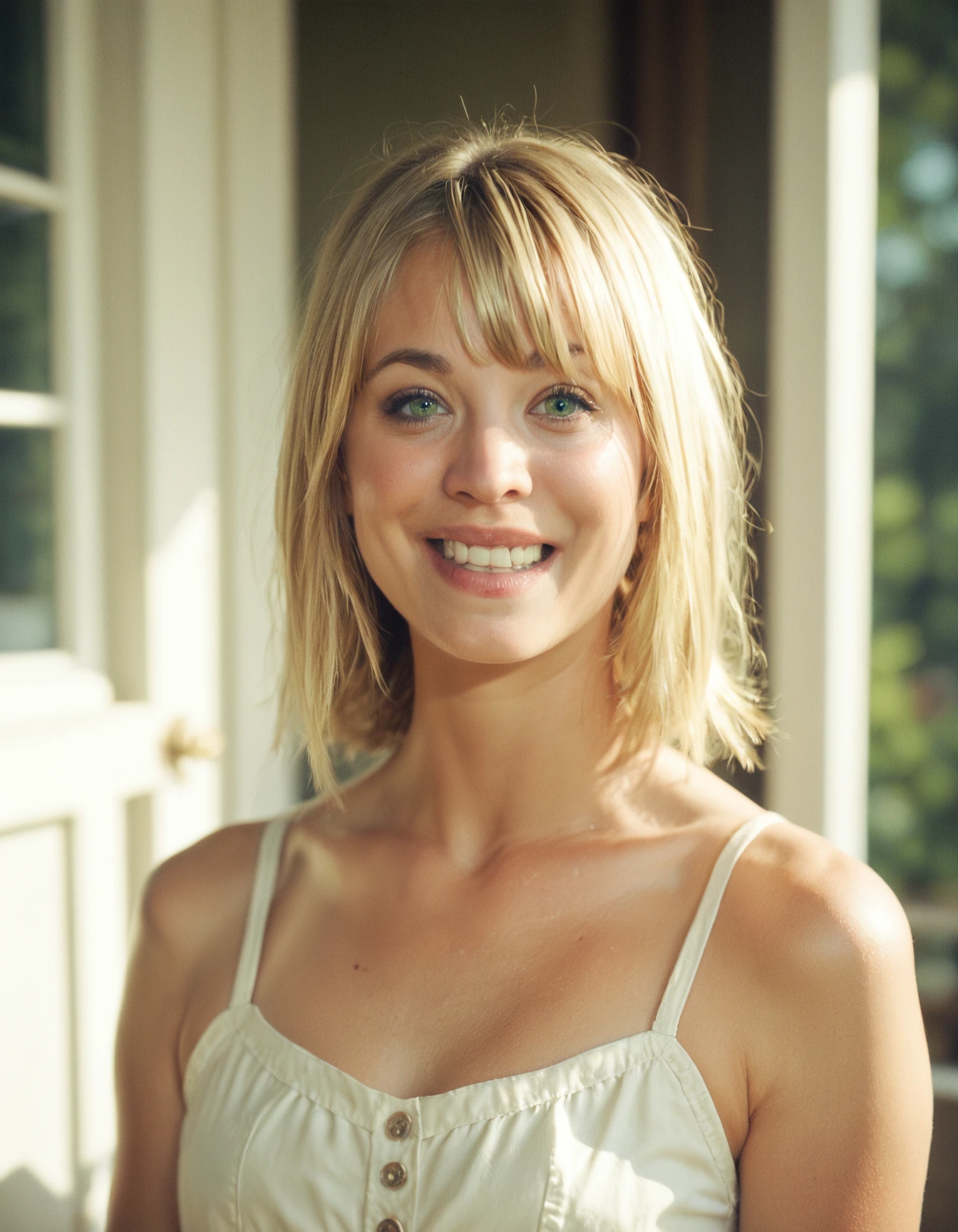 score_9, score_8_up, score_7_up, ohwx, 1girl, realistic, portrait, happy, blonde diagonal bangs, green eyes, <lora:CrunchyBanana_PONY_kaley_cuoco_v2:0.9>, indoors, sundress, rating_safe