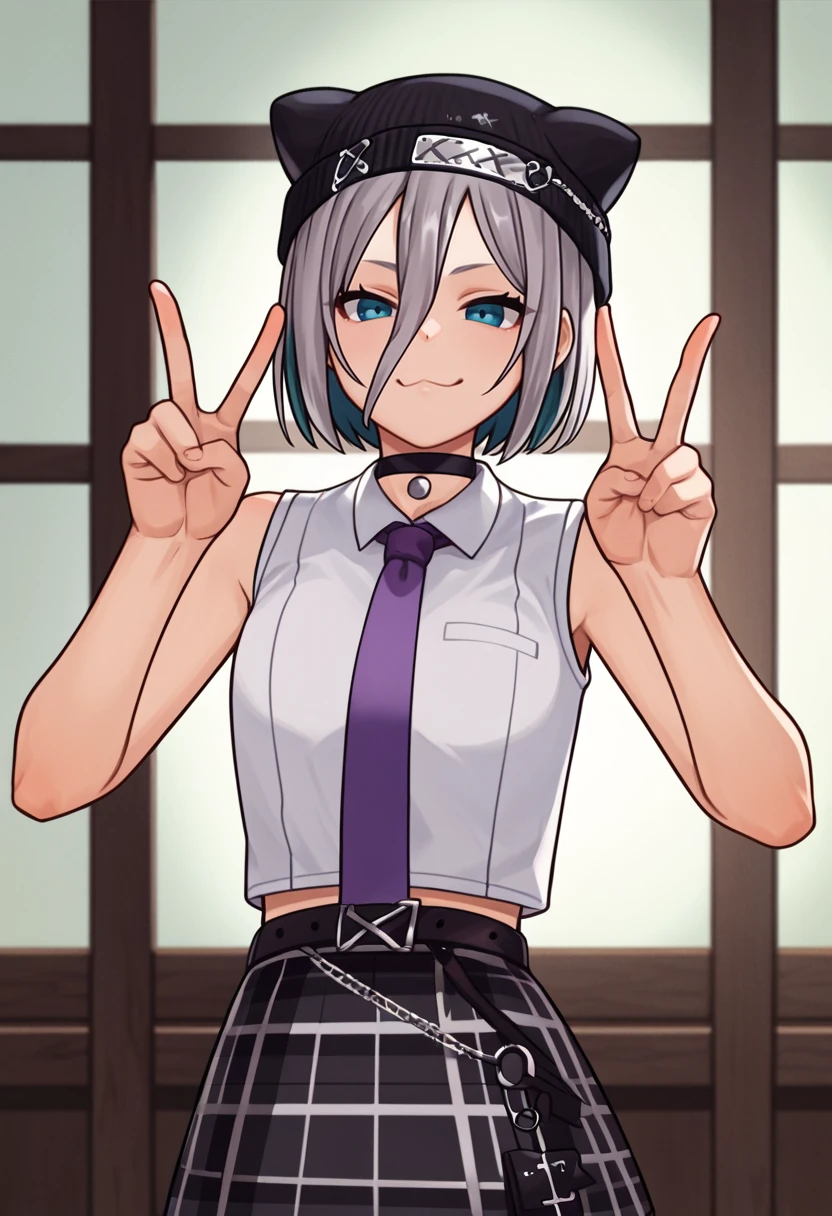 score_9, score_8_up, score_7_up, source_anime, solo, 1girl, kaga2nd, smug, looking at viewer, standing, double v, short hair, grey hair, hair between eyes, black headwear, animal hat, white shirt, collared shirt, sleeveless shirt, crop top, purple necktie, black skirt, plaid skirt, black belt, black choker, bare shoulders, midriff, indoors <lora:vspo_sumirekaga_ponyXL-a2-000006:1>