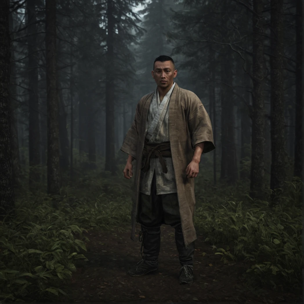 Edo, Shogun, Japanese Edo period, Japanese Male, Japanese Clothing, Front-facing, Front, moody forest, (UHD, 8K, ultra detailed, looking at the camera, highly detailed, best quality, best aesthetic, high detail, amazing detail, masterful, work of a master, highly detailed background, shallow depth of field, photorealistic, RAW image, 
8k high resolution, ray tracing, realistic, mid day, volumetric lighting), badneg-xl,